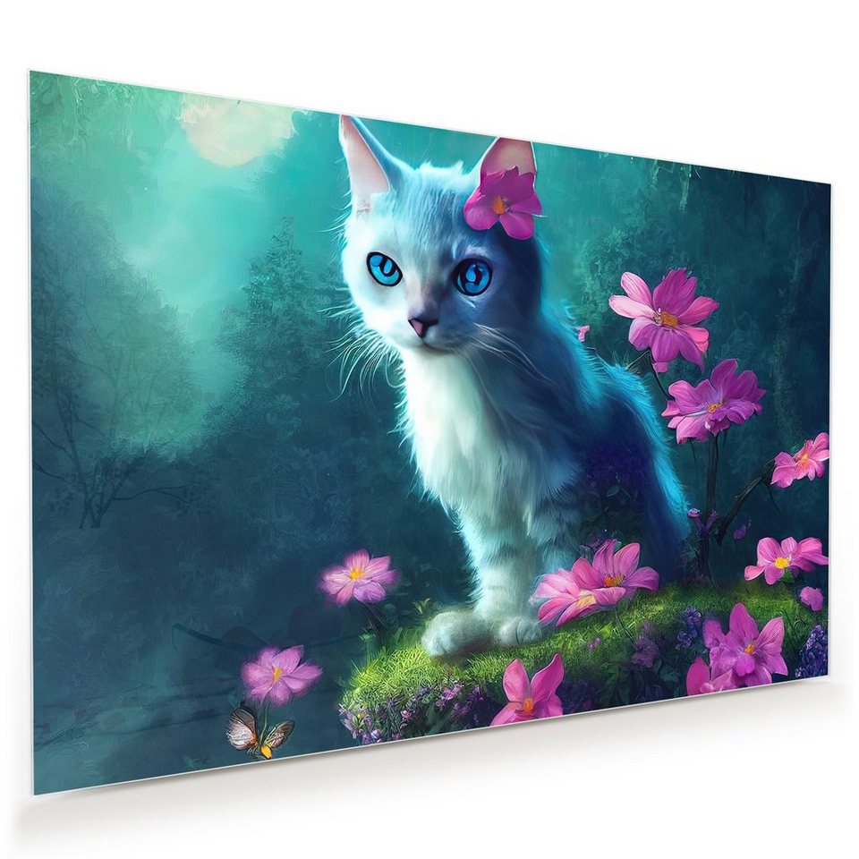 Fantasie Glasbild Primedeco Kinderwelt Blumen Katze Aufhängung, Wandbild mit