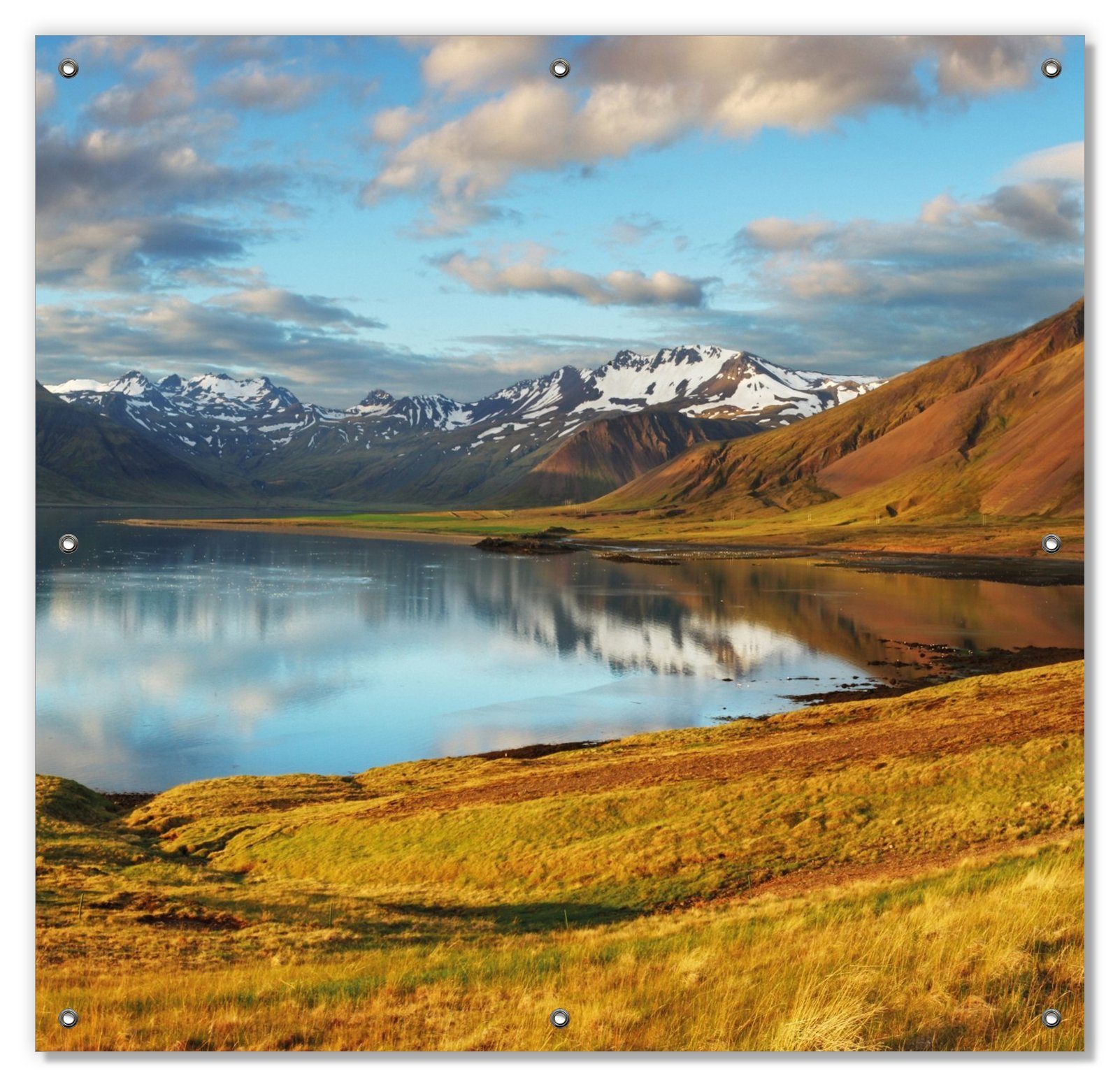 Sonnenschutz Bergpanorama mit wiederablösbar wiederverwendbar blickdicht, Saugnäpfen, Wallario, See, und im Spiegelung mit