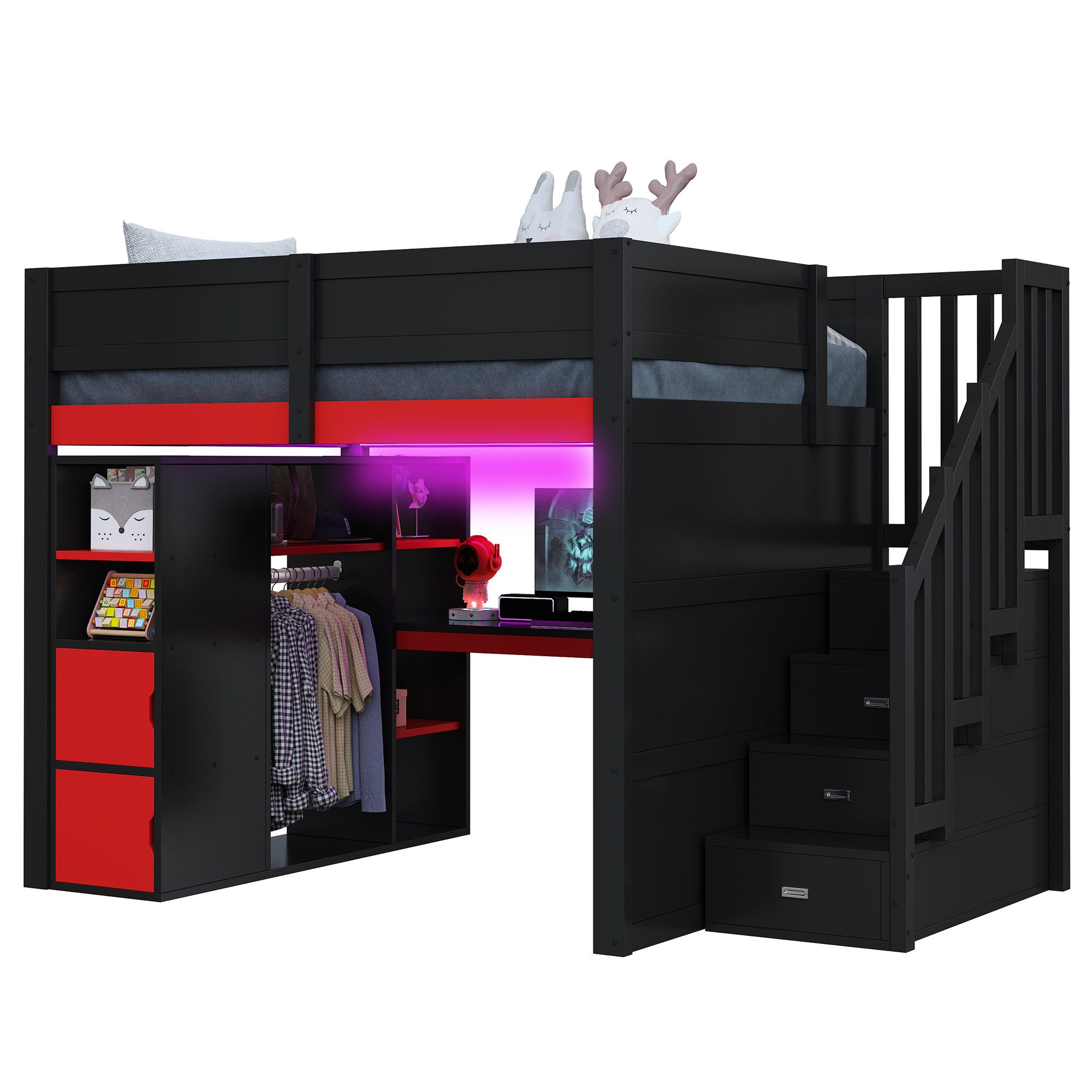 MODFU Hochbett für Jugendliche, Gaming-Zimmer (mit Schreibtisch, LED-Beleuchtung, Stauraum-Treppe, Schwarz + Rot, mit USB-Ladeanschluss und Platz für Spielzeug und Bücher, 1-St., 252.5 x 145 x 170)