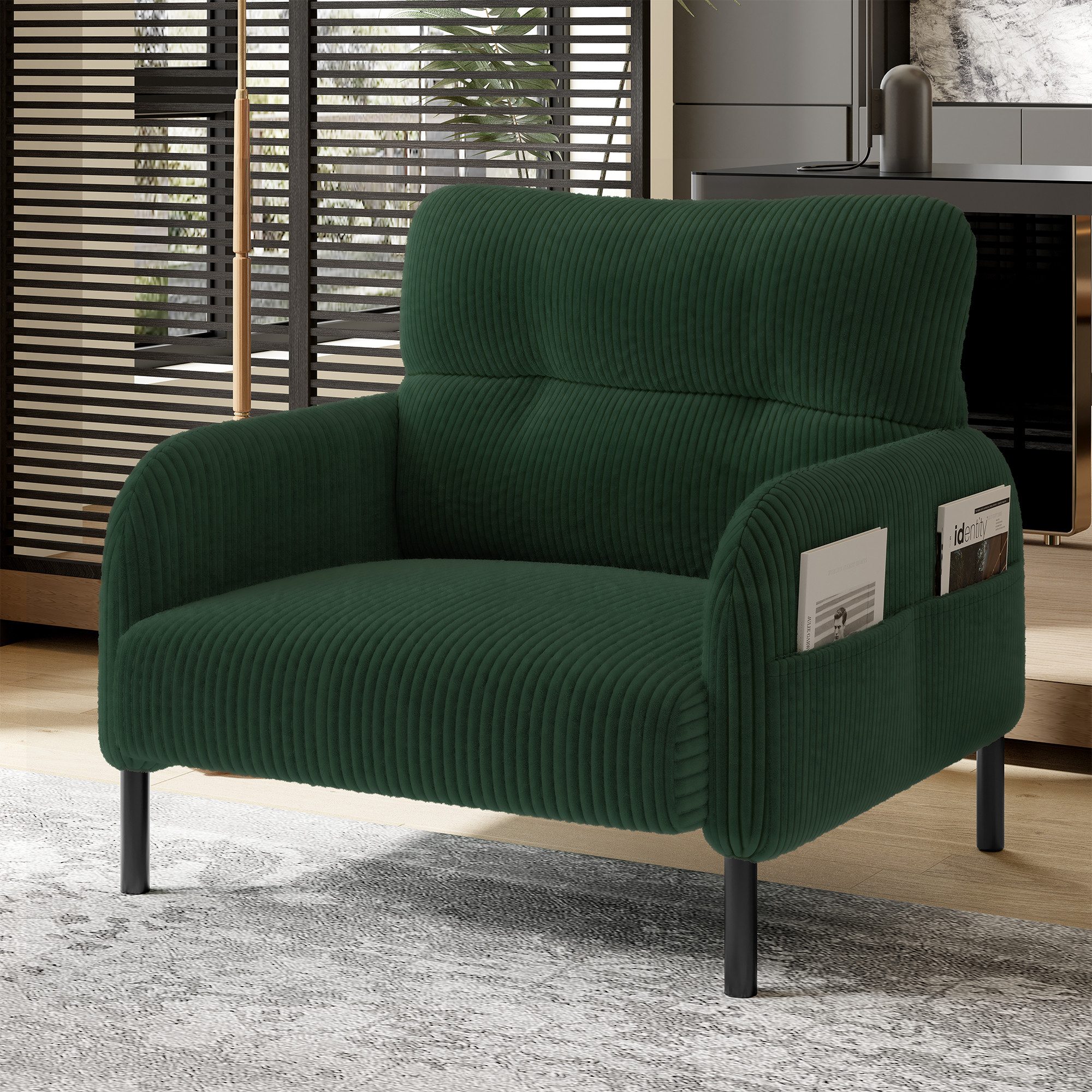 Celya Sessel Relaxsessel Polsterstuhl Loungesessel, Cordstoff (1-St, 67x75x79 cm, Armlehnen mit Seitentaschen auf beiden Seiten), geeignet für Wohnzimmer, Schlafzimmer und Arbeitszimmer