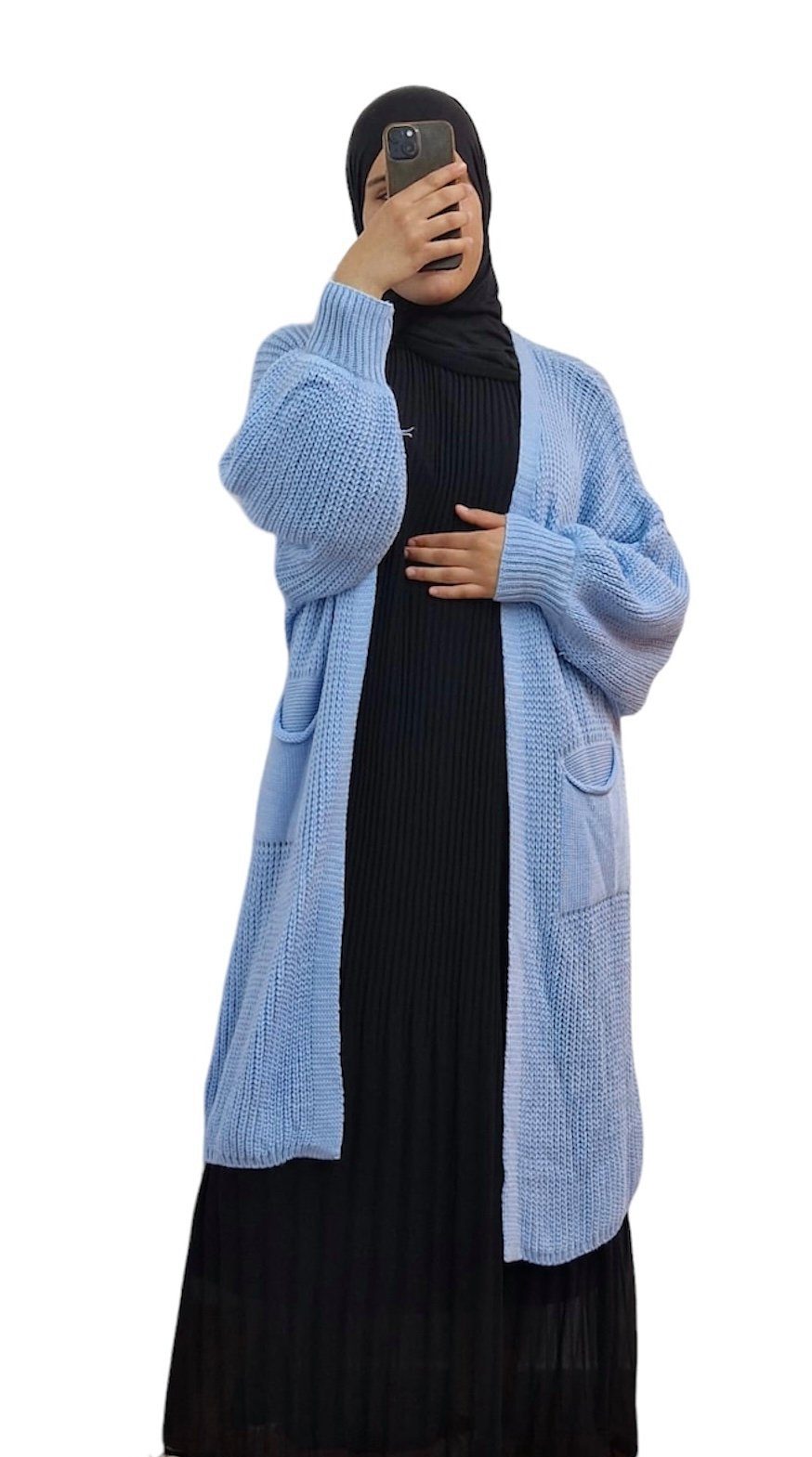 Lang MISS Cardigan aufgesetzten Strickjacke Hellblau HELLO Modisch Longstrickjacke mit Taschen, Maxi