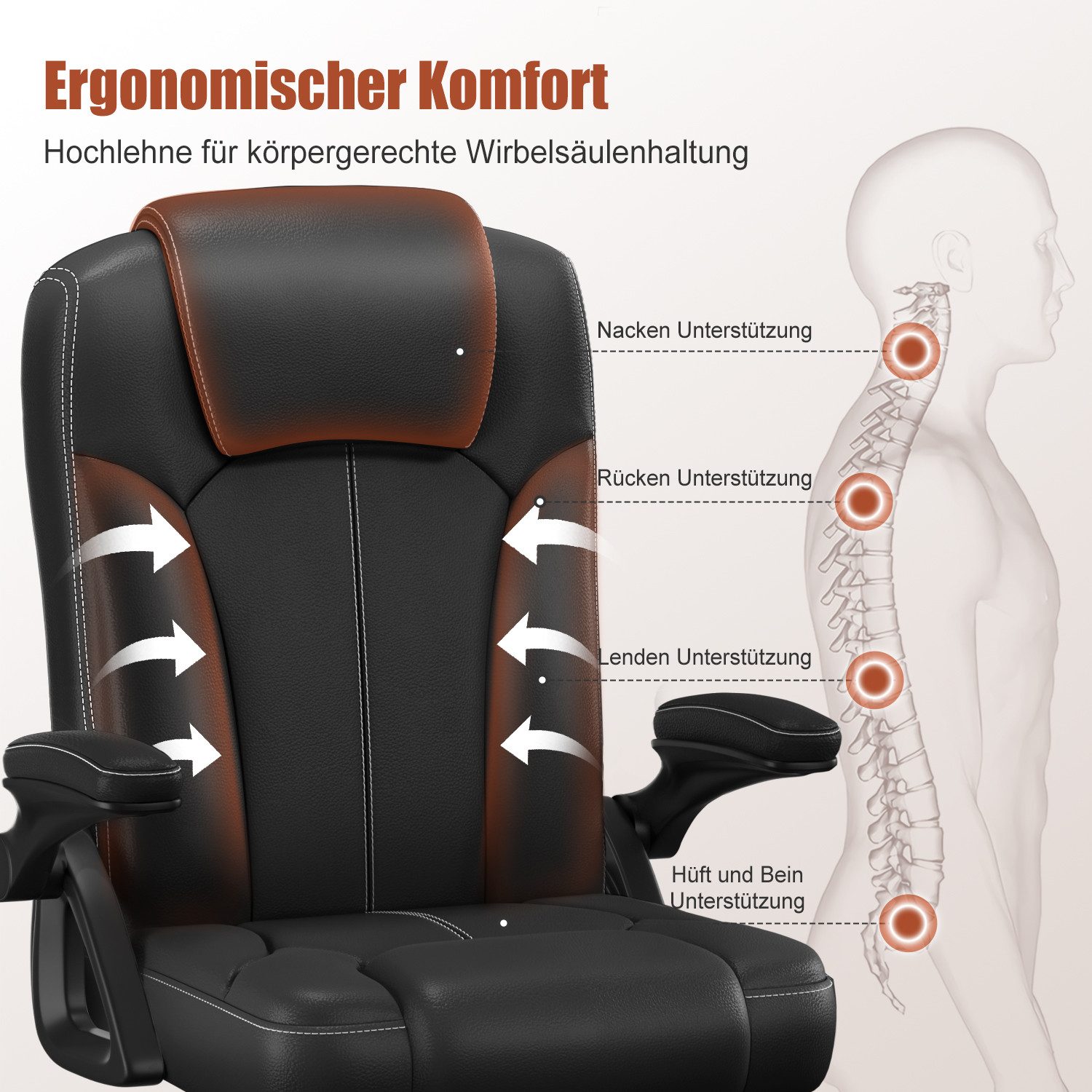 Homimaster Bürostuhl Ergonomischer Bürostuhl mit 90° Klapparmlehnen (Verstellbare Rückenlehne & hoher Sitzkomfort, Schreibtischstuhl mit 90-120° Neigungsfunktion & Lendenwirbelstütze), bis 150 kg belastbar