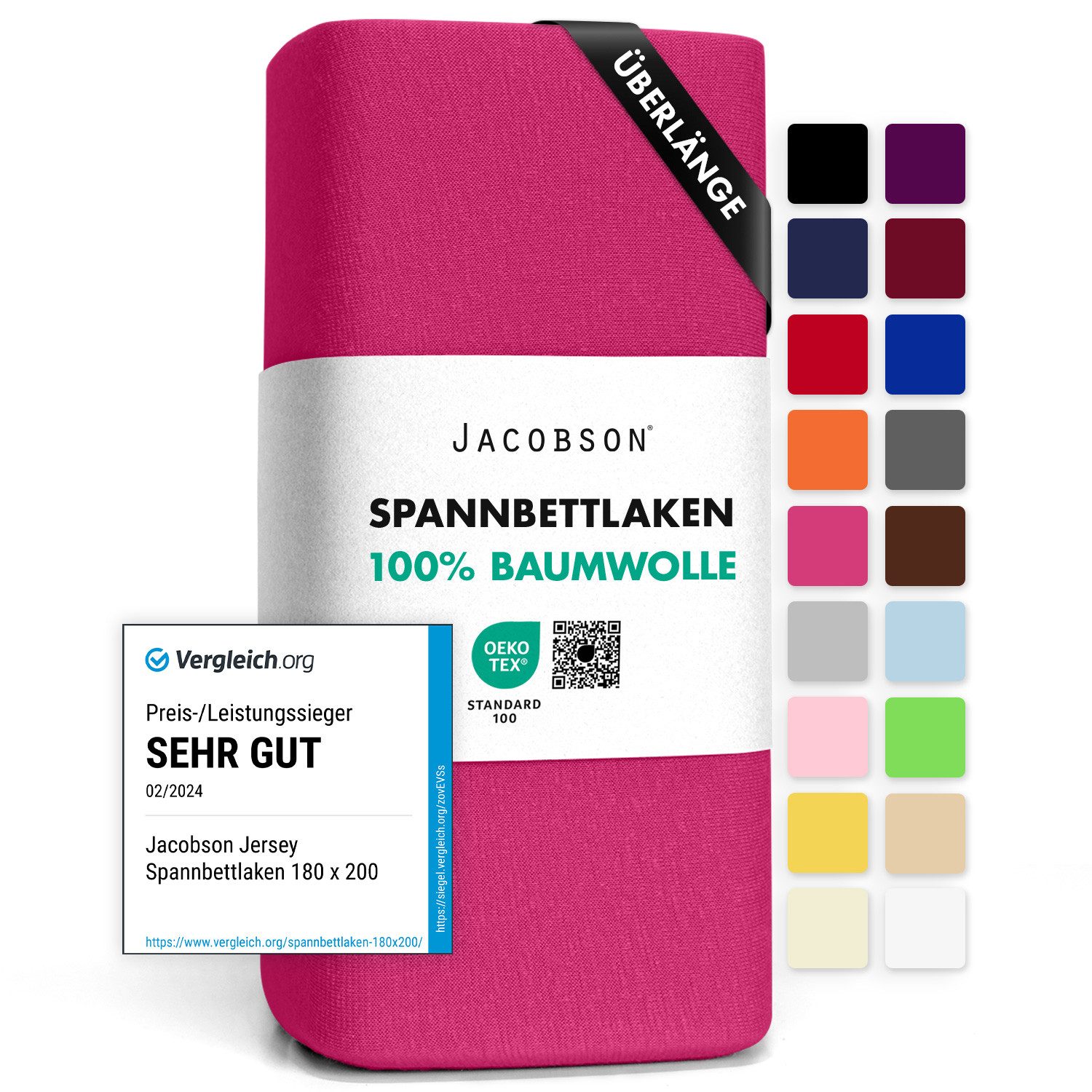 Jacobson Spannbettlaken BOXSPRING & ÜBERLÄNGE aus 100% Baumwolle, für hohe & lange Matratzen, Jersey Bettlaken 160 g/m²
