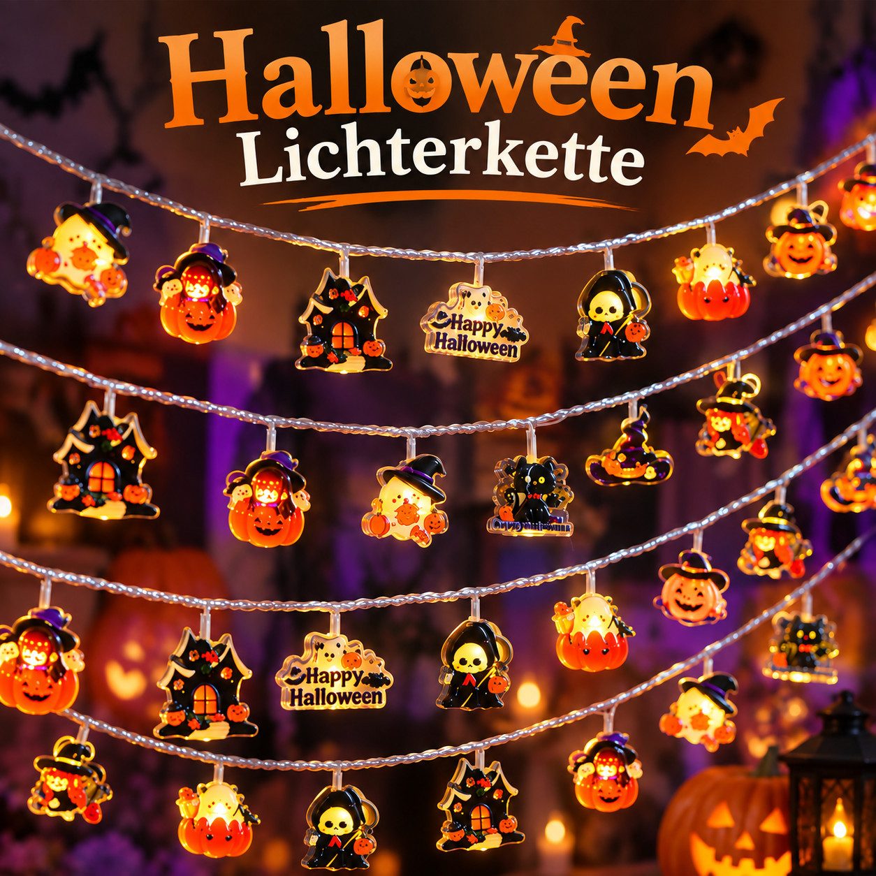 nsihing LED-Lichterkette Halloween Lichterkette 3 m, 20 LED, Kürbis- & Geisterlichter, Batteriebetrieben mit Blinkmodi für Innen & Außen