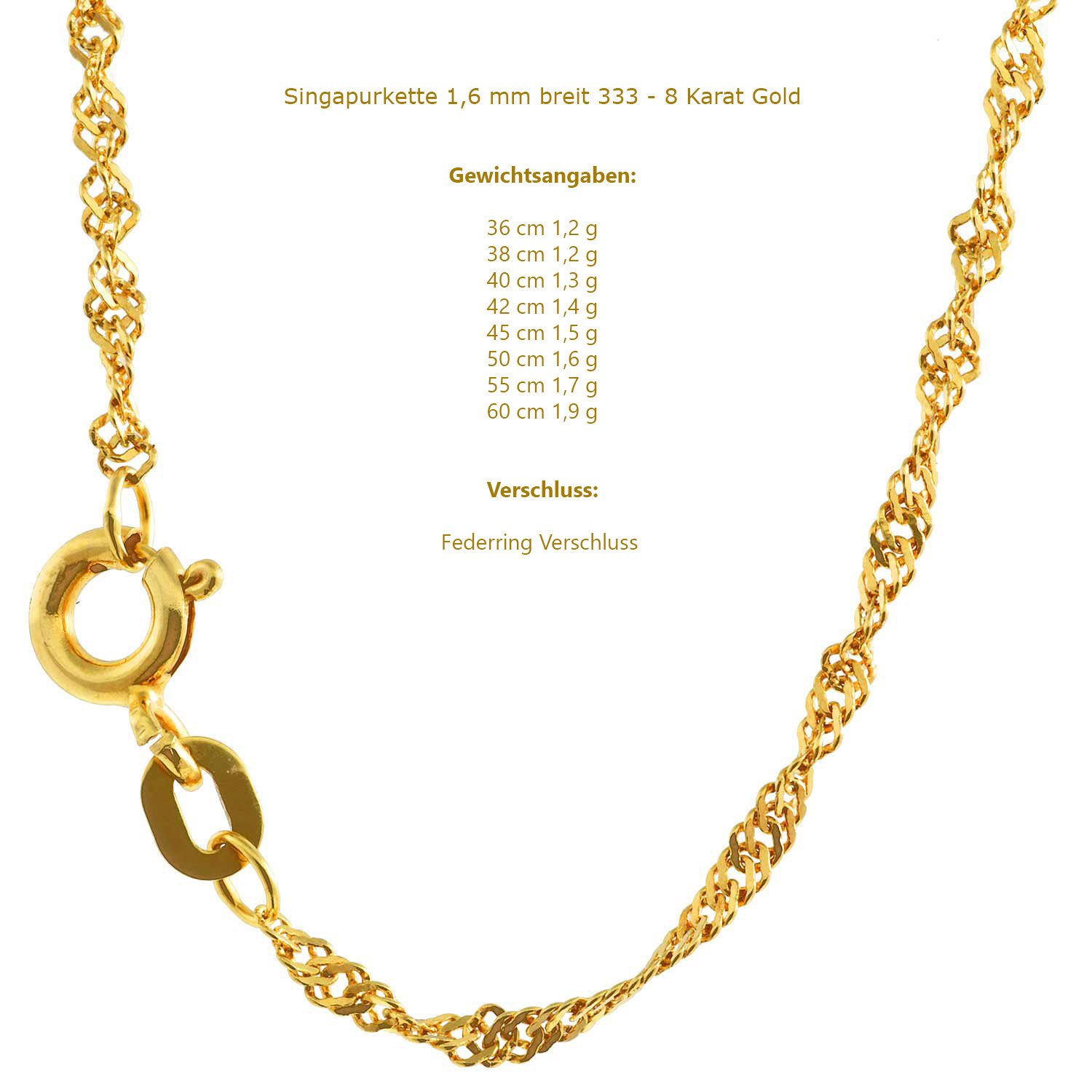 HOPLO Goldkette Goldkette Singapurkette 333 - 8 Karat Gold 1,6 mm - 40 cm, günstig online kaufen