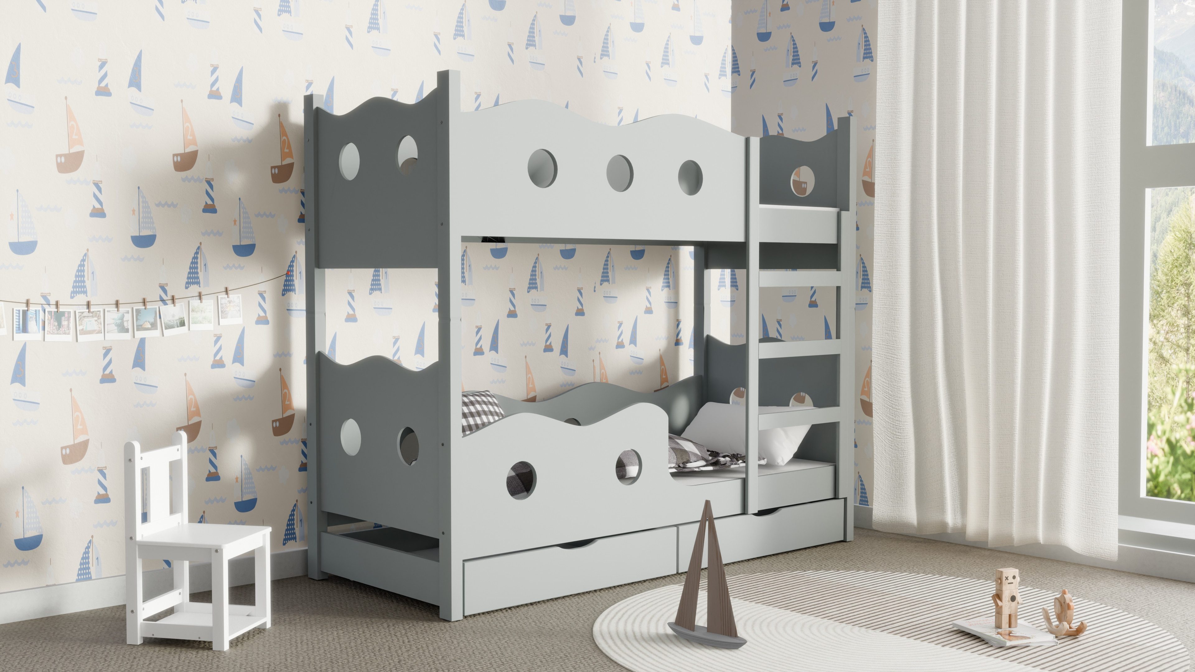 Etagenbett mit Rausfallschutz und Schubladen Hochbett Bett + 2 Matratzen