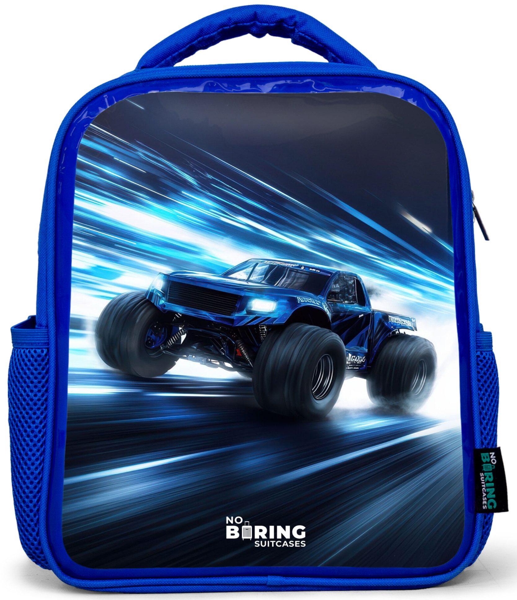 NoBoringSuitcases.com© Rucksack Blau - Monstertruck rast durch die Lichtgeschwindigkeit, Kinderrucksack, Schulrucksack, Freizeitrucksack, Jungen, Kindergarten