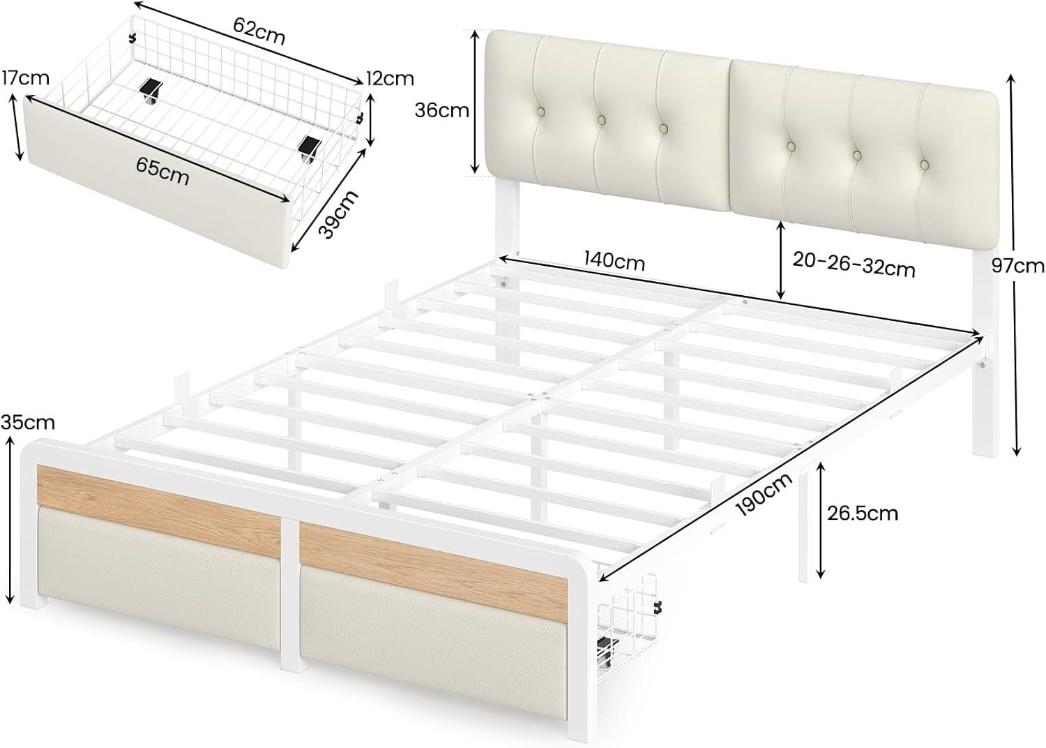 KIMENICH Metallbett Mit LED-Beleuchtung, 2 Schubladen und höhenverstellbare günstig online kaufen