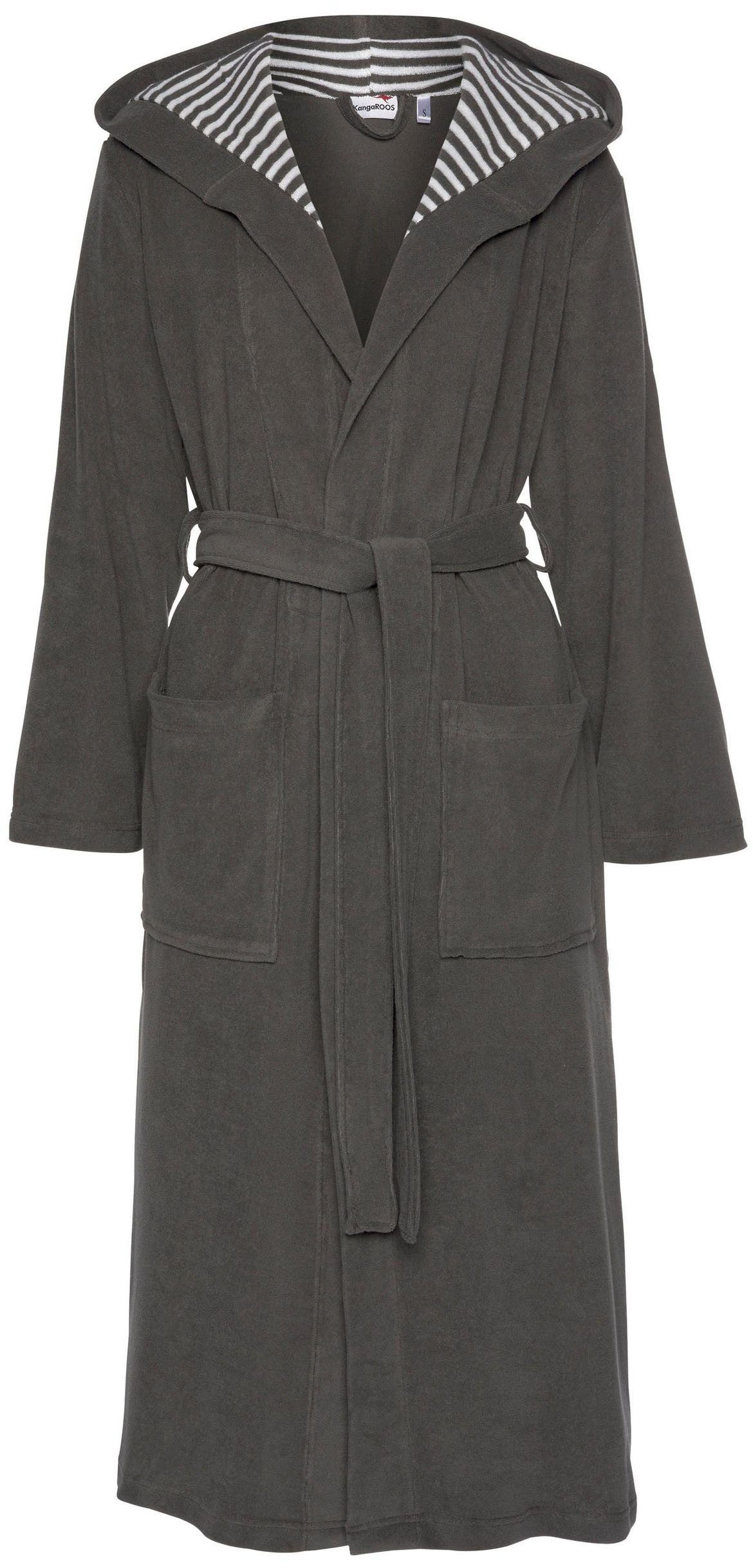 KangaROOS Damenbademantel Dalia, ideal für Sauna & Spa, Standardlänge & Überlänge, Langform, Leichtfrottier, Kapuze, Gürtel, Uni-Farben mit Streifen, Taschen, leicht, XS-3XL, auch in extra lang
