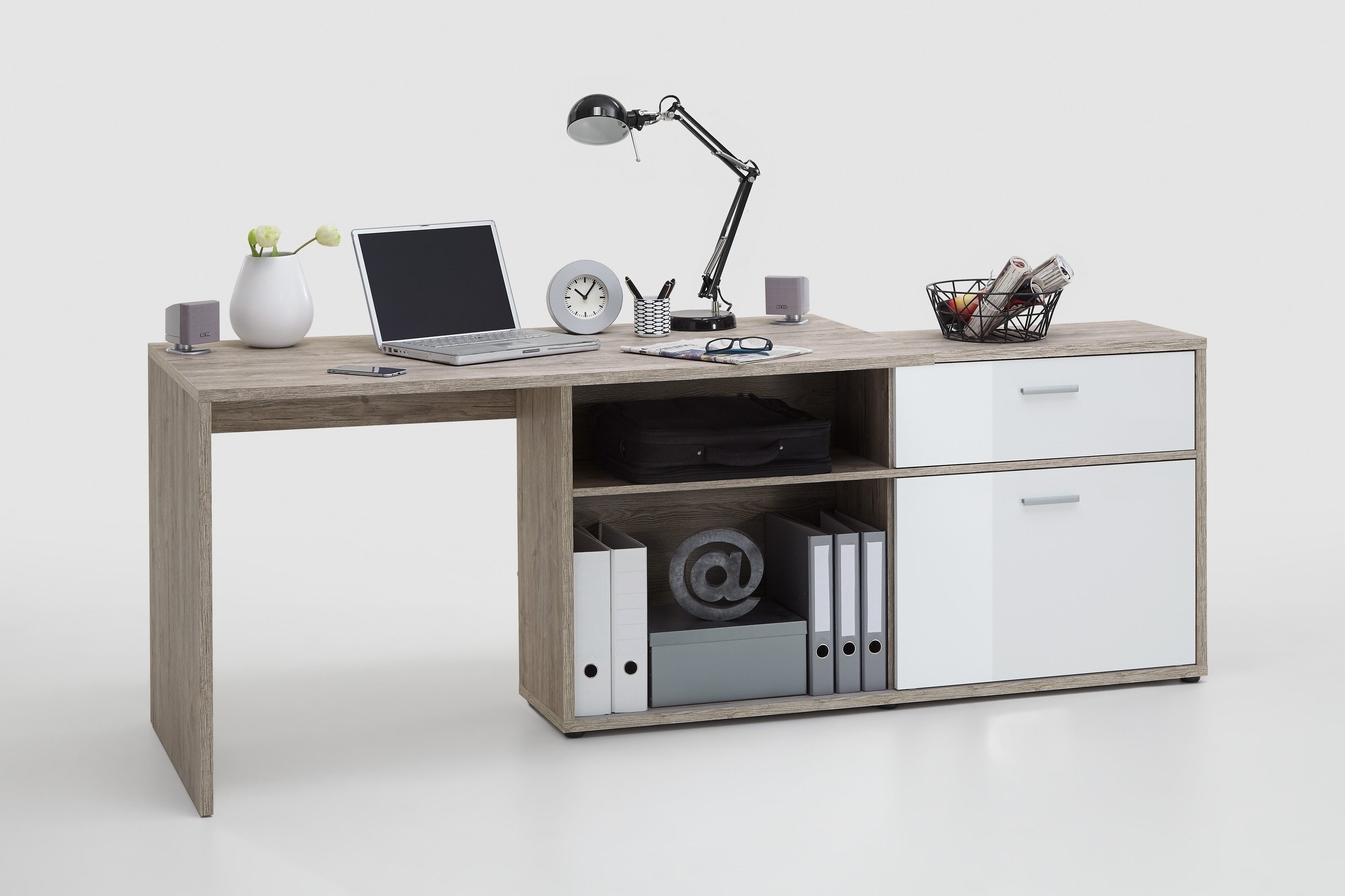 PREISBRECHER Schreibtisch DIEGO, in Sandeiche Dekor-hochlanz weiß - 138x75x138cm (BxHxT)