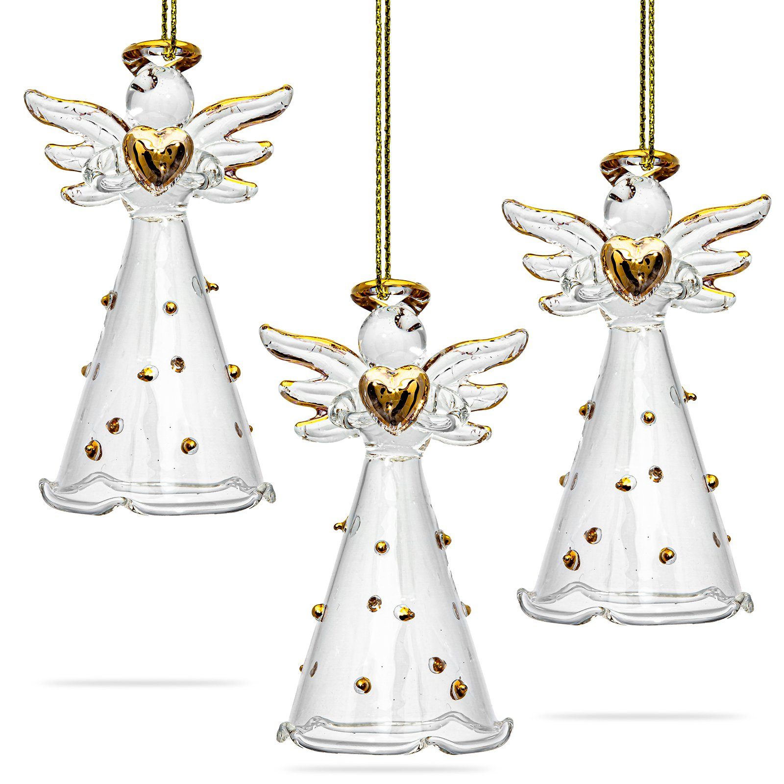 SIKORA Christbaumschmuck SIKORA BS269 Engel mit Herz und goldenen Punkten Christbaumschmuck Glas Figur Weihnachtsbaum Anhänger 3er Set