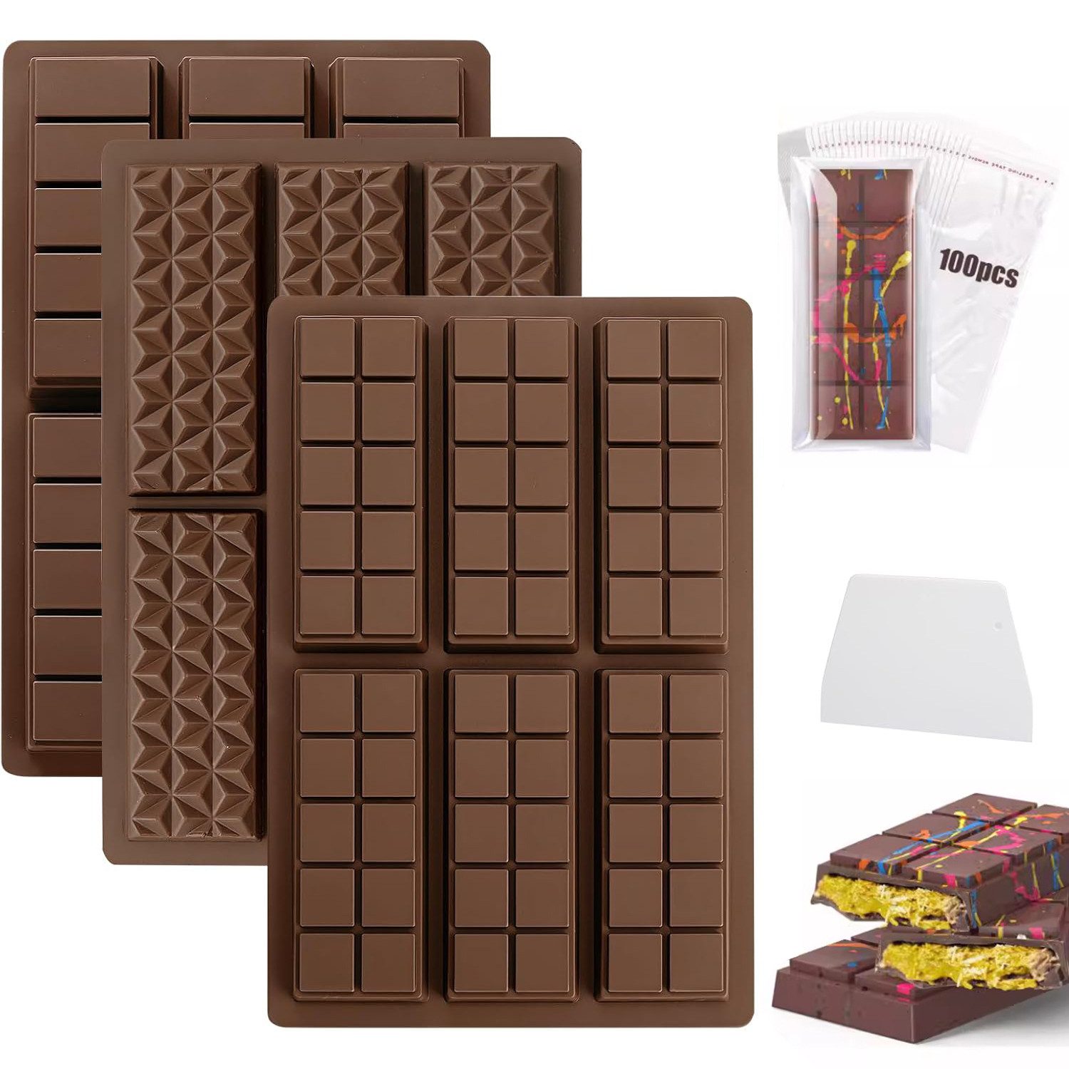 Refined Living Schokoladenform 3 Stück Tiefe Schokoladenform Silikon 6 Mulden, mit Schaber und Tasche, (Dubai Schokolade Form, BPA-frei, Antihaftbeschichtet, Backformen Set 3-tlg), Kuchenform für Schokolade Praline Süßigkeiten DIY Party-Events
