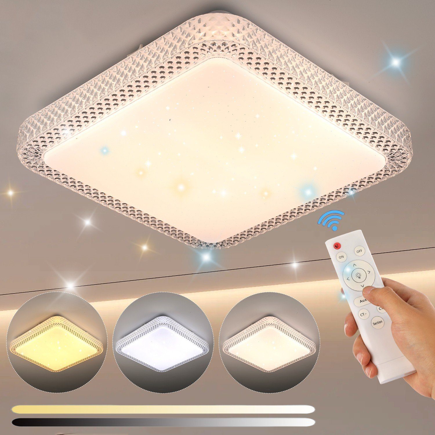 iscooter Deckenleuchte LED Deckenleuchte Dimmbar Kristall Deckenlampe mit Fernbedienung, LED fest integriert, Warmweiß, Neutralweiß, Kaltweiß, Sternenhimmel Deckenbeleuchtung, für Schlafzimmer Wohnzimmer Küche 25W Quadrat Deckenlampe