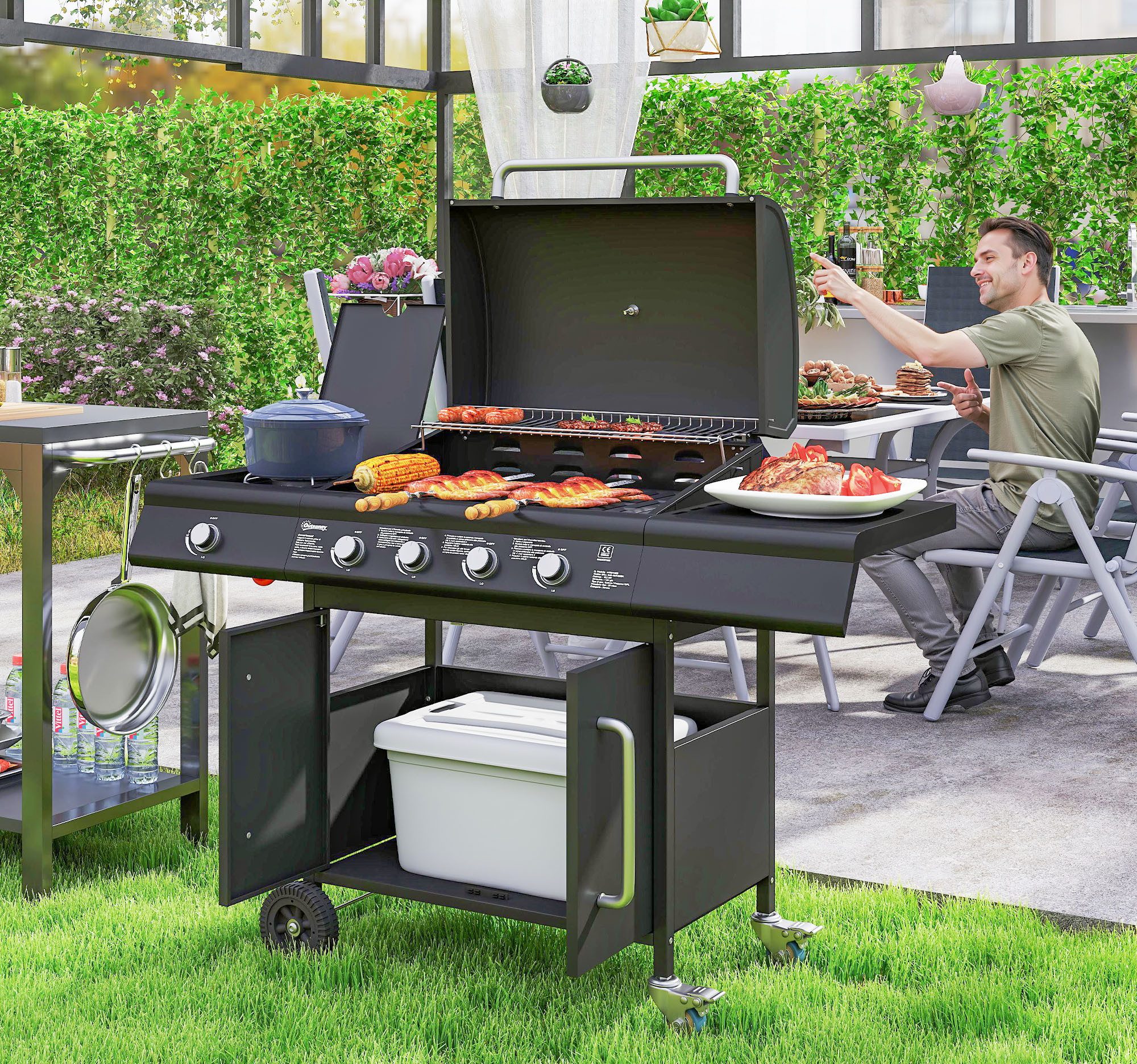 Outsunny Gasgrill inkl 5 Edelstahl-Brenner, Rolle, Seitenkocher, Deckel, BBQ Gartengrill, 15,2 KW Grillwagen, für Balkon, Grill 129,5 x 56 x 110 cm
