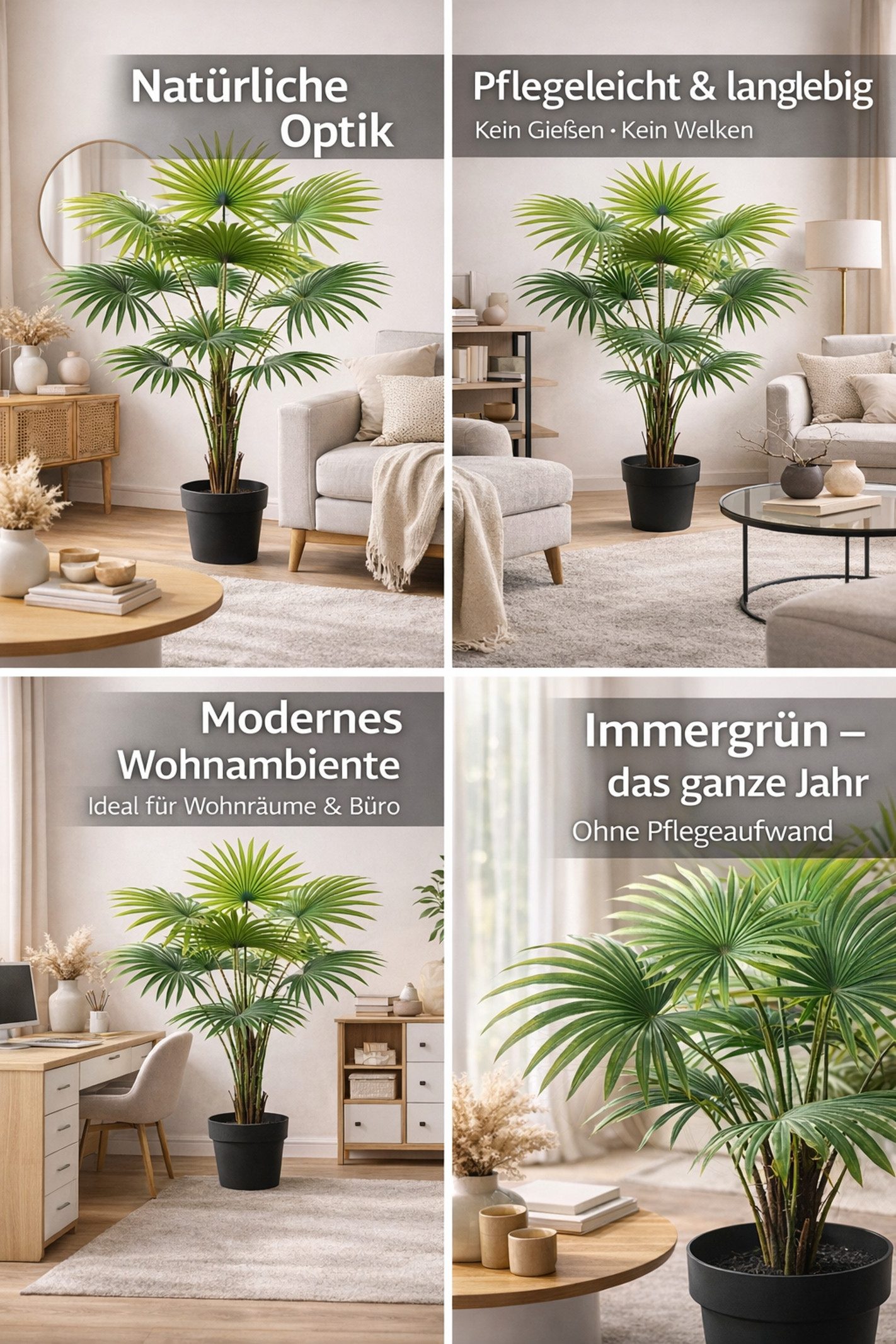 Kunstpalme Fächerpalme im Topf, I.GE.A., Höhe 135 cm, Realistische Pflanze für Wohnzimmer Büro Hotel Dekopflanze