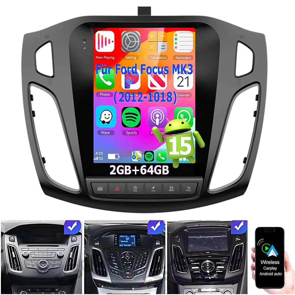 ESSGOO 64GB Android 15 Für Ford Focus MK3 2012-2018 CarPlay GPS Navi WIFI RDS Autoradio (Digitalradio (DAB), 4+64GB(optional), RDS, AM, FM, Carplay Android Auto Bluetooth EQ USB GPS Navi WIFI Touchscreen)