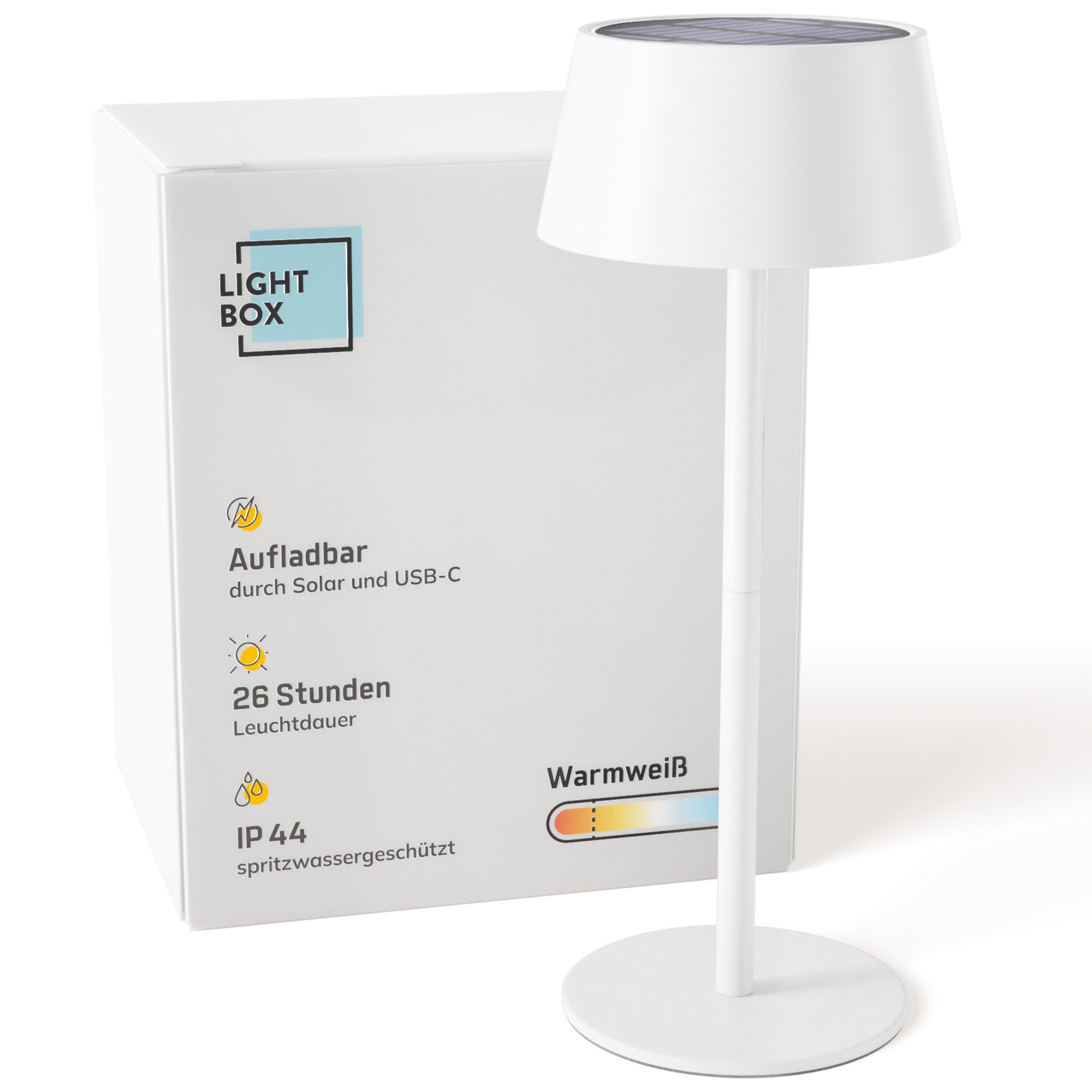 Lightbox Tischleuchte, LED fest integriert, Warmweiß, LED Außen Tischlampe, Solar, 3 Stufen Dimmer, 30cm, Ø13cm, 300lm, weiß