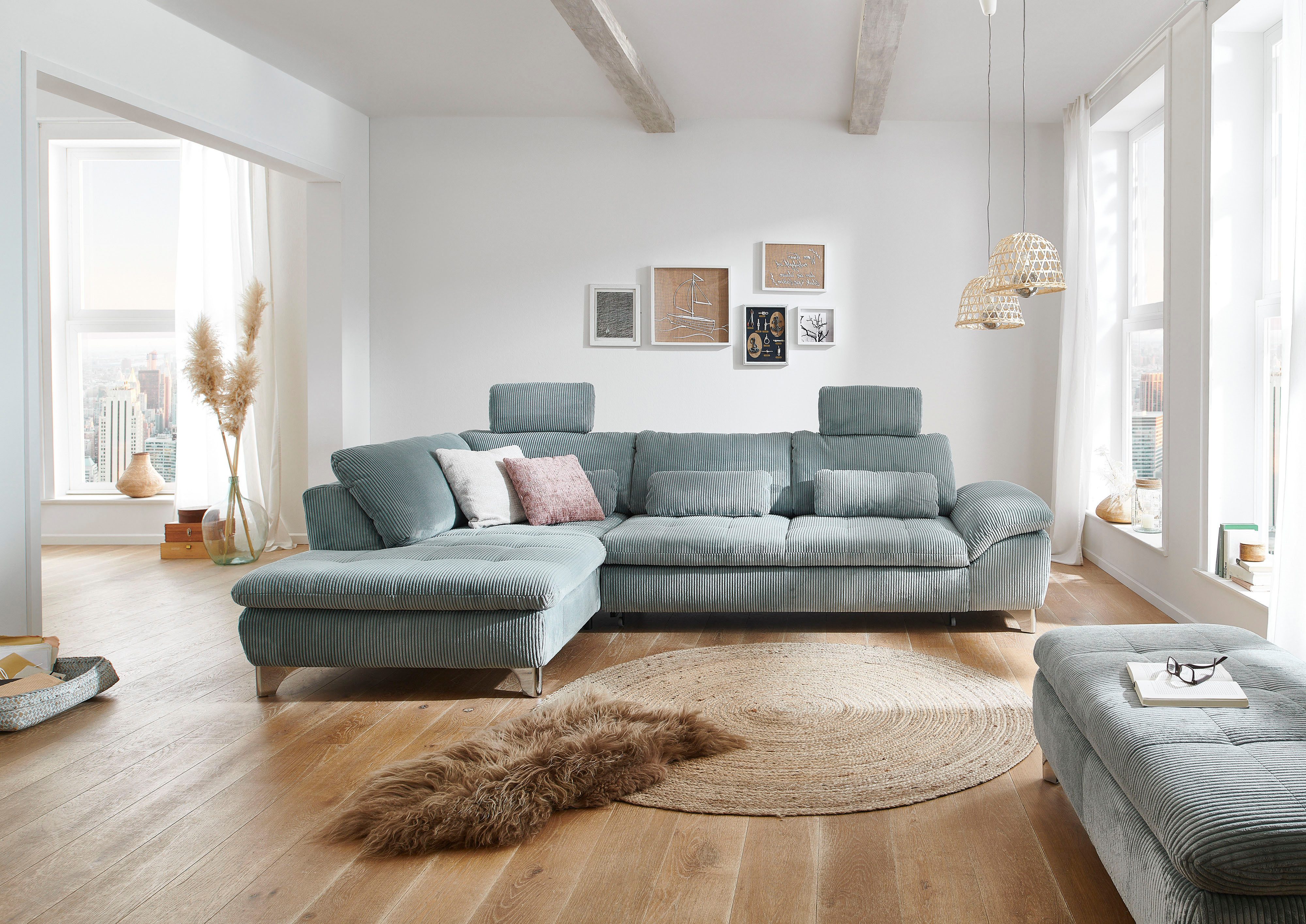 Die PlanBar Ecksofa Ottomane MP-IN14007 L-Form, Breite 306 cm, wahlweise mit Schlaffunktion und verstellbaren Kopfstützen