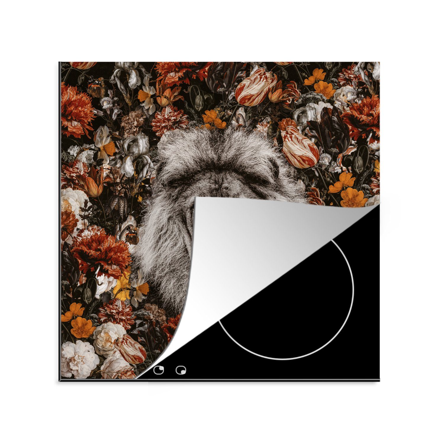 MuchoWow Herdblende-/Abdeckplatte Blumen - Löwe - Porträt, Vinyl, (1 tlg), 78x78 cm, Ceranfeldabdeckung, Arbeitsplatte für küche