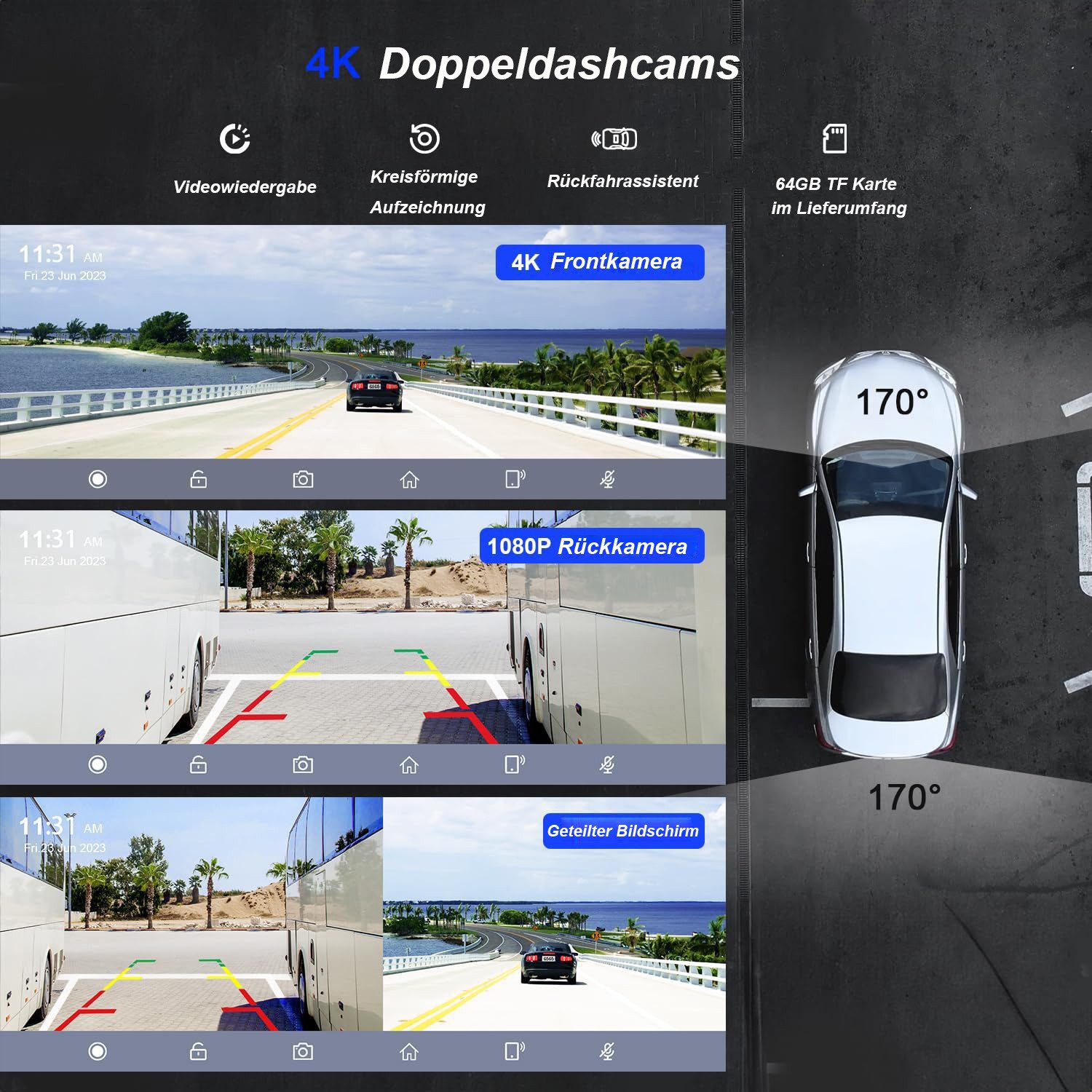 TWUFY Dashcam Auto, Autokamera,Kamera Carplay mit GPS Navigationsgerät Dashcam (1600*600, WLAN (Wi-Fi), 1600 x 600 Auflösung, Split-Screen, Intelligente Sprachsteuerung, 64GB-TF-Karte (vorinstalliert),Kabelloses Apple CarPlay, Android Auto)