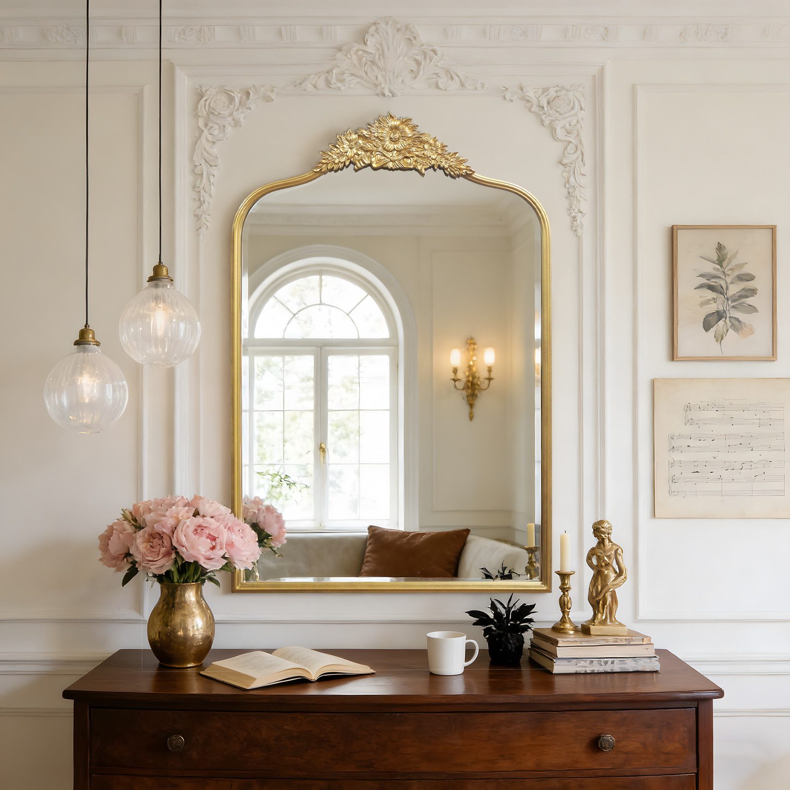 G-LEAF Ganzkörperspiegel Antiker Ganzkörperspiegel im Barockstil mit Perlenverzierung (1-St., G-LEAF), mit barocken Blumenornamenten, 90×60cm, Vintage-Gold