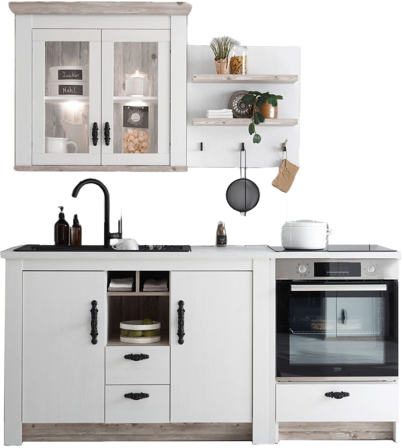 Home affaire Кухниzeile Florenz, Küche in Pinie Weiß, mit Herdumbau, ohne E-Geräte, (Set), Breite 191 cm, mit verschnörkelten Metallgriffen, Arbeitshöhe 92 cm