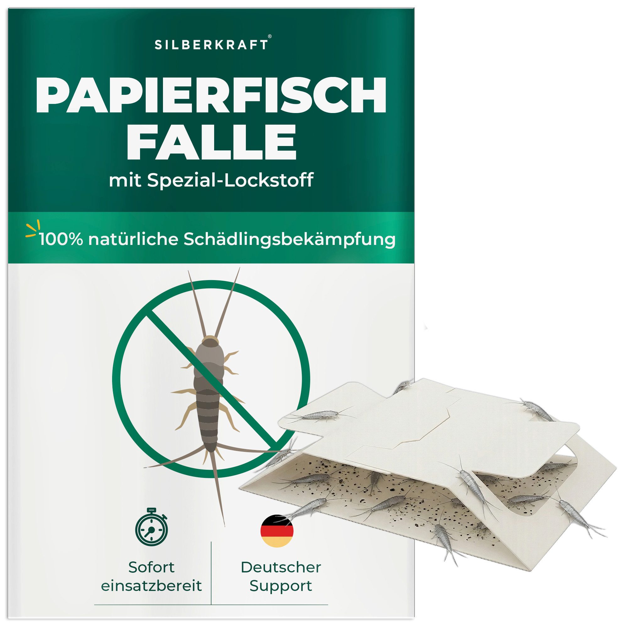 Silberkraft Insektenfalle Papierfischfalle mit Spezial-Lockstoff Langzeitschutz, Biozidfrei & Geruchslos Extrastarke klebefläche Gezielte Anlockung