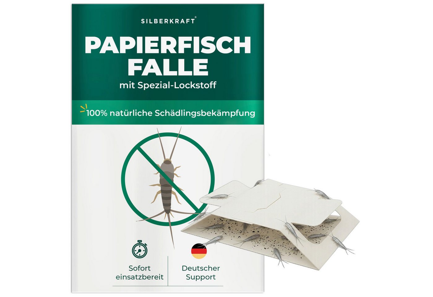 Silberkraft Insektenfalle Papierfischfalle – Universal-Klebefalle mit Lockstoff, Extrastarke Klebefläche, einfache Anwendung