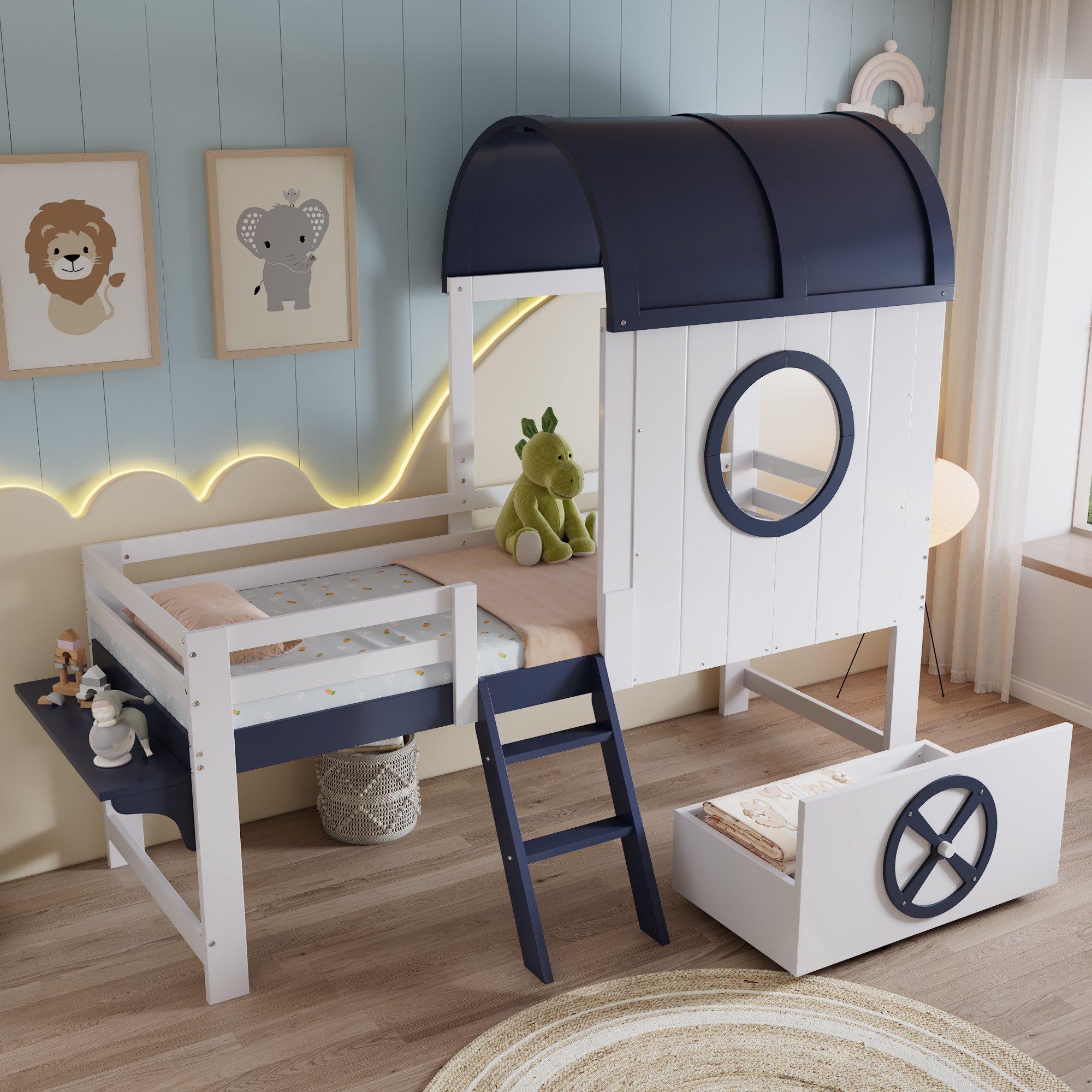 STILVORA Kinderbett 90x200 Etagenbett mit Schublade auf Rollen,Bettgestell mit Fenster (mit maritimem Dach & Fenster, praktische Schublade mit Rollen, zweistufige Schrägleiter, stabiler Kiefer-MDF-Rahmen, Halbhohes Etagenbett für Kinder, 90x200cm), ohne Matratze