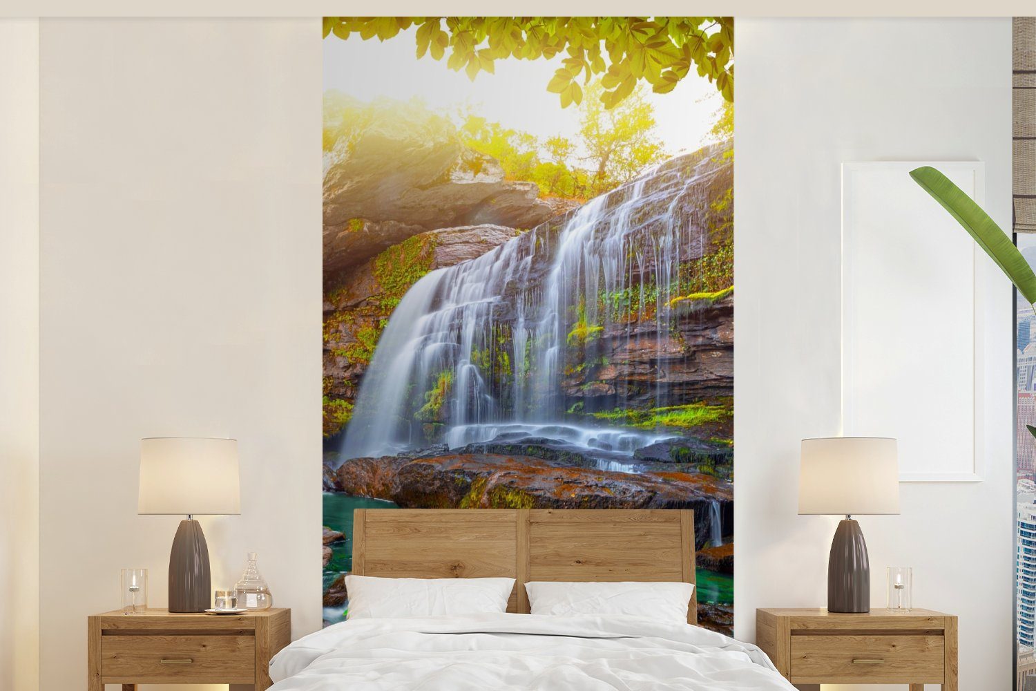 MuchoWow Fototapete Natur - Wasserfall (2 Fototapete Küche, Wohnzimmer Matt, - - Schlafzimmer für - bedruckt, St), Bäume Vliestapete Pflanzen Sonne