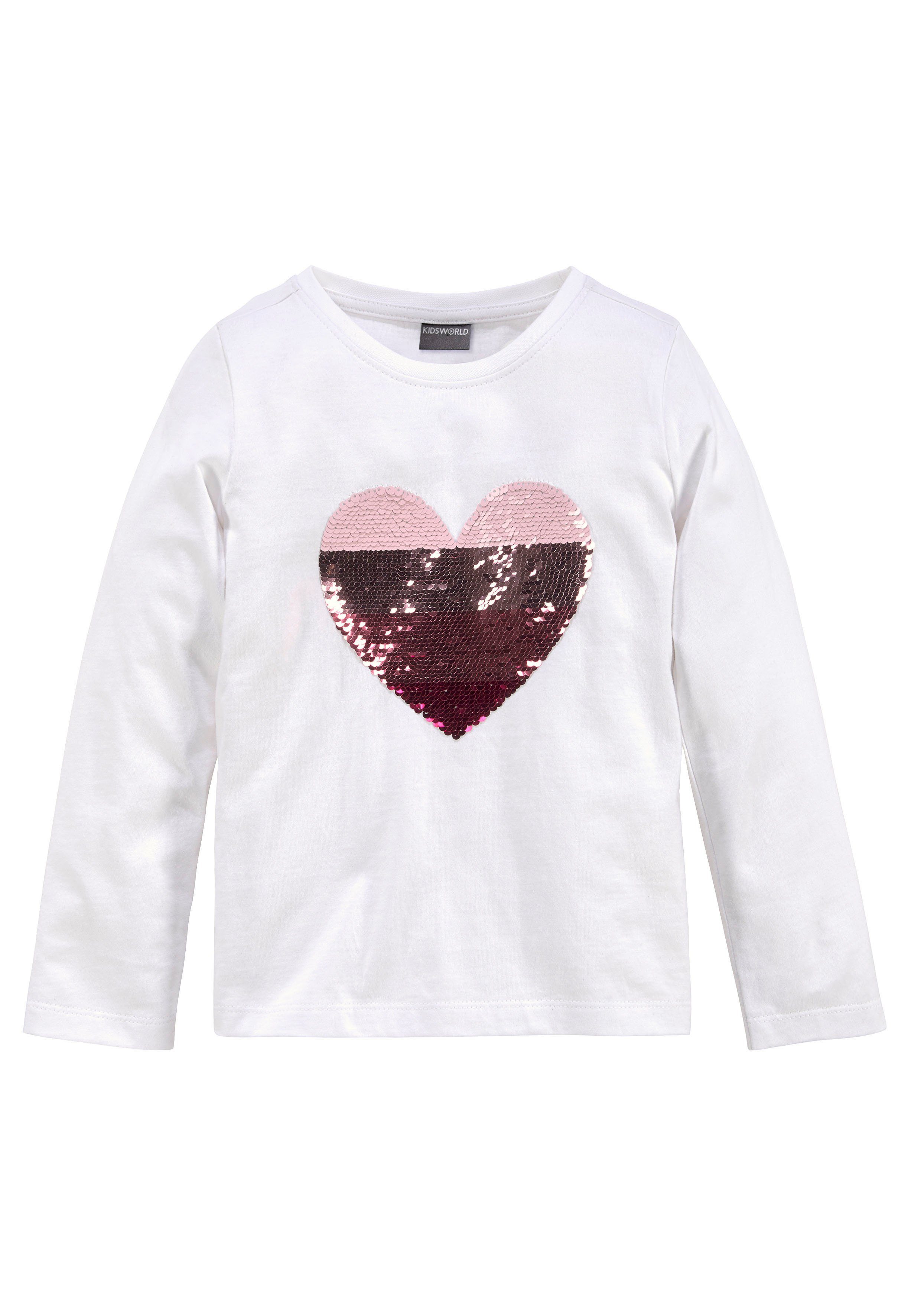 KIDSWORLD Langarmshirt, mit Paillettenherz zum Wenden Langarm, Basic-Passform, mit glitzernden Pailletten. Reduzierter Preis € 10,49. Unverbindliche Preisempfehlung € 14,99, (€ 10,49 pro 1 Stk)