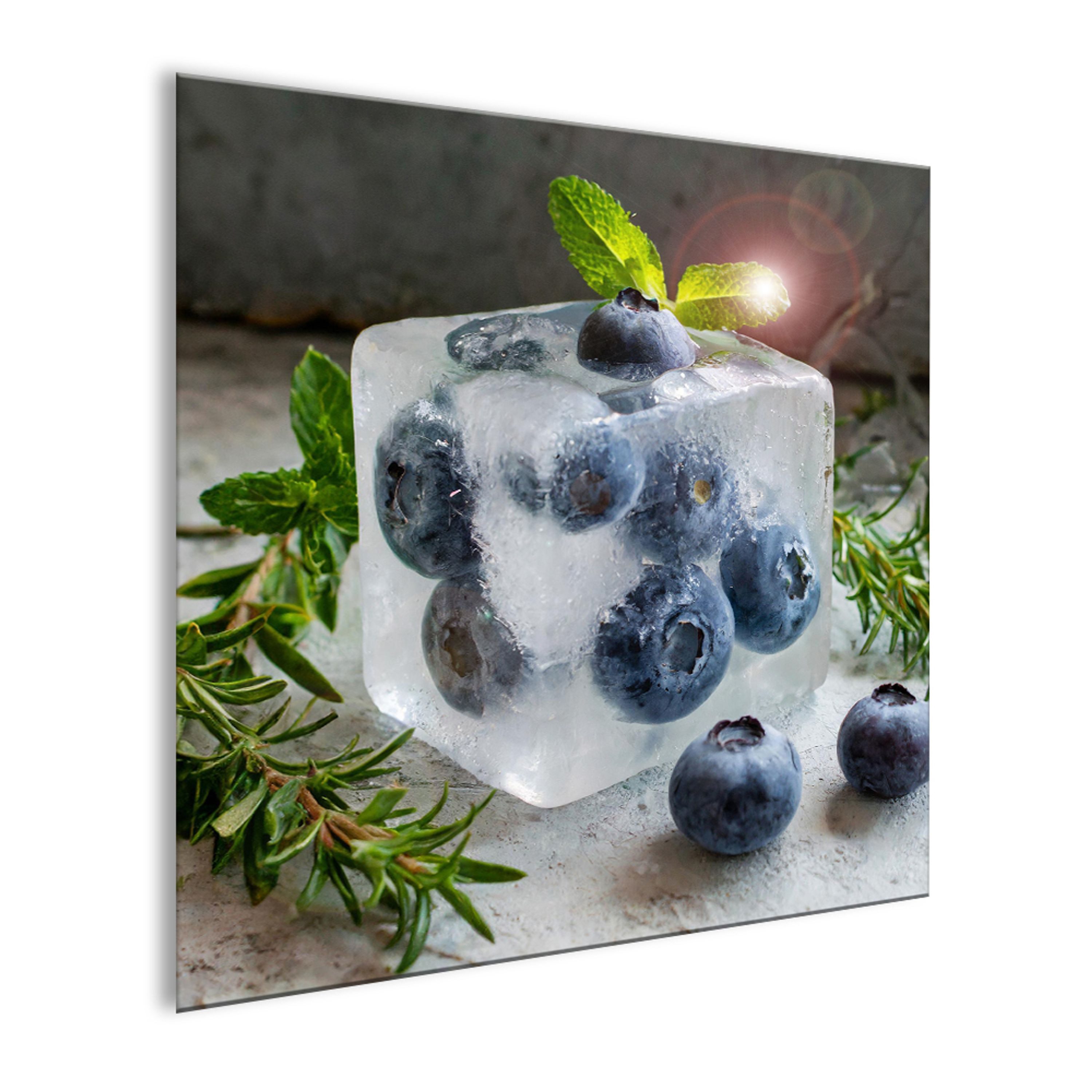 artissimo Glasbild Bild aus Glas 30x30 cm / Wandbild Küche / Küchendeko Wand, Küchenbild: Eiswürfel mit Blaubeeren