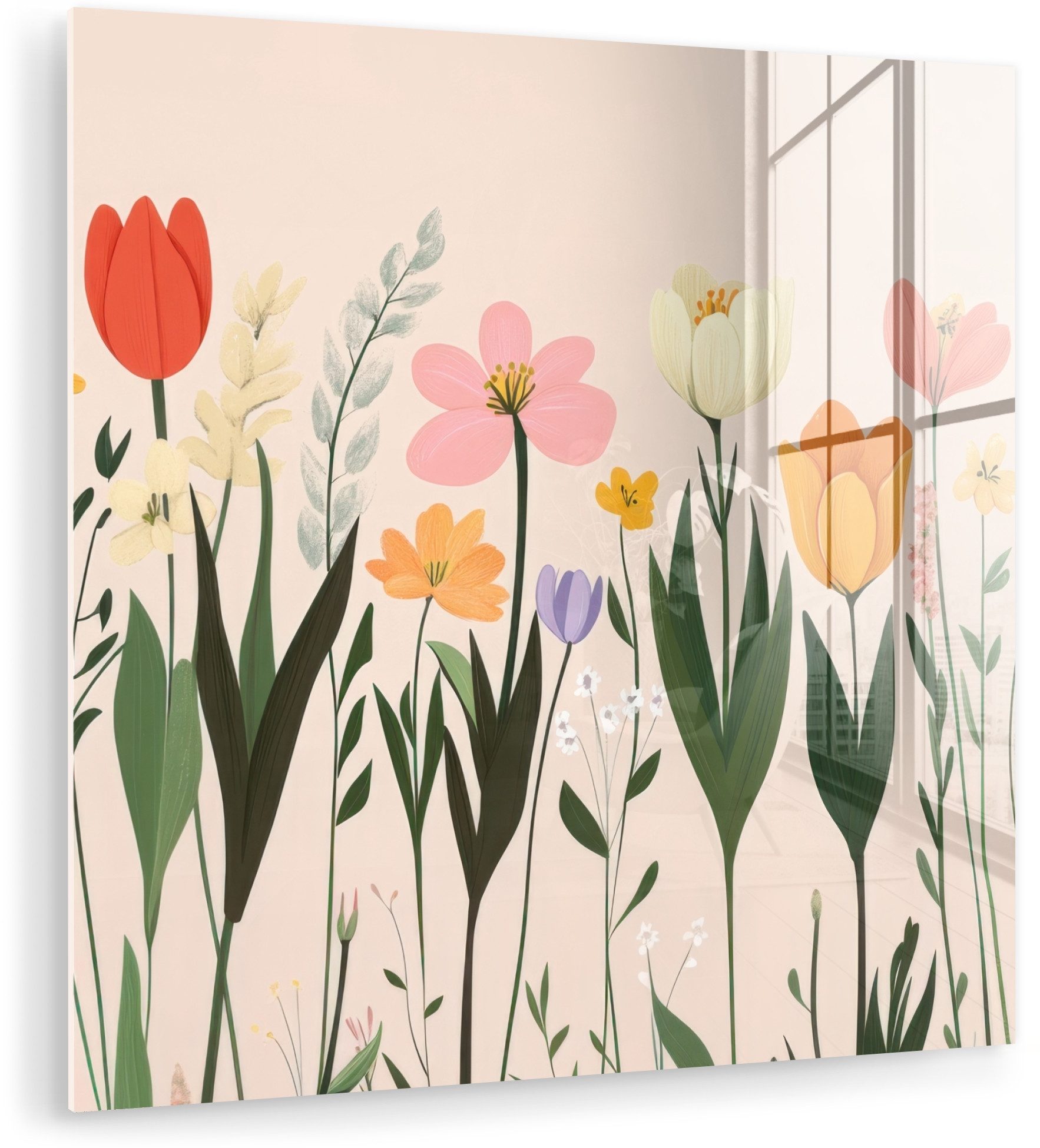 MuchoWow Acrylglasbild Pastelltöne - Blumen - Illustration, Inkl. Aufhängung, Bilder auf Glas Wandbild, Wanddeko Wohnzimmer Badezimmer, 20x20 cm