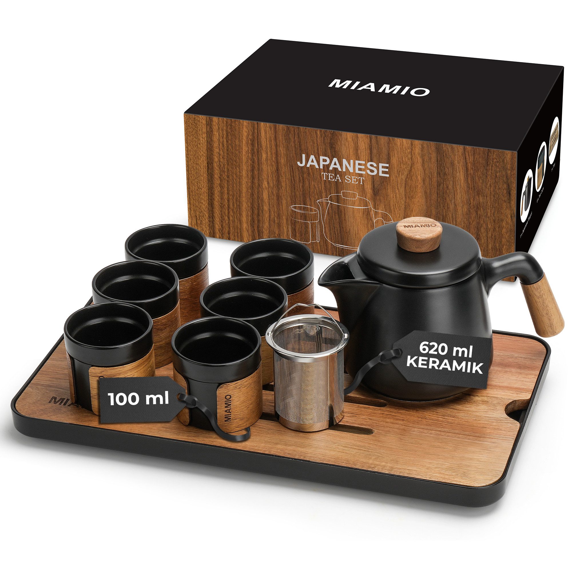 MiaMio Teeservice Japanisches Teeset 6 x 100ml mit Traditionellen Teebechern Schwarz