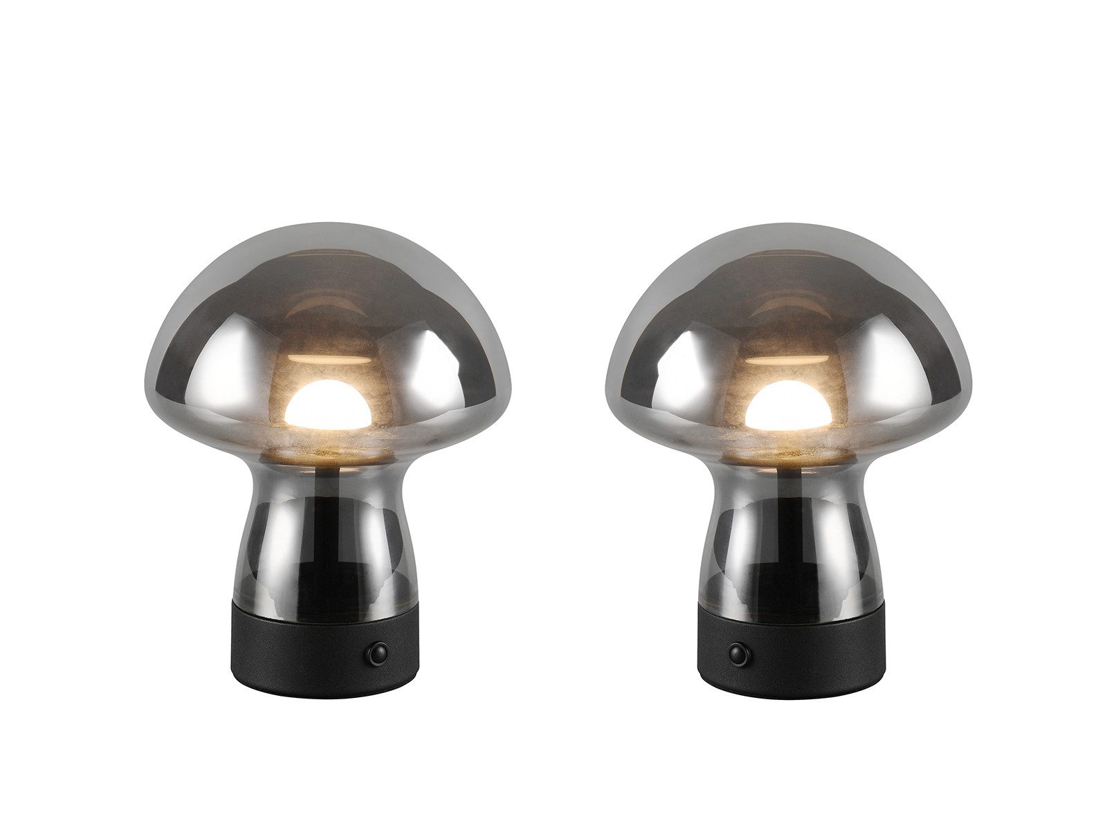 Reality Leuchten LED Tischleuchte, Dimmfunktion, LED fest integriert, Warmweiß, 2er SET kleine kabellose Akku Pilzlampe aufladbar aus Rauchglas H:18cm