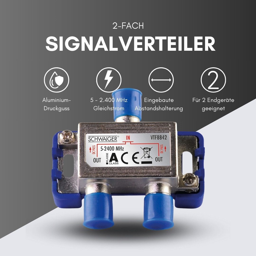 Schwaiger SAT-Verteiler 719482 (verteilt ein Single auf zwei Teilnehmer), für Kabel-, Antennen- und Satellitenanlagen