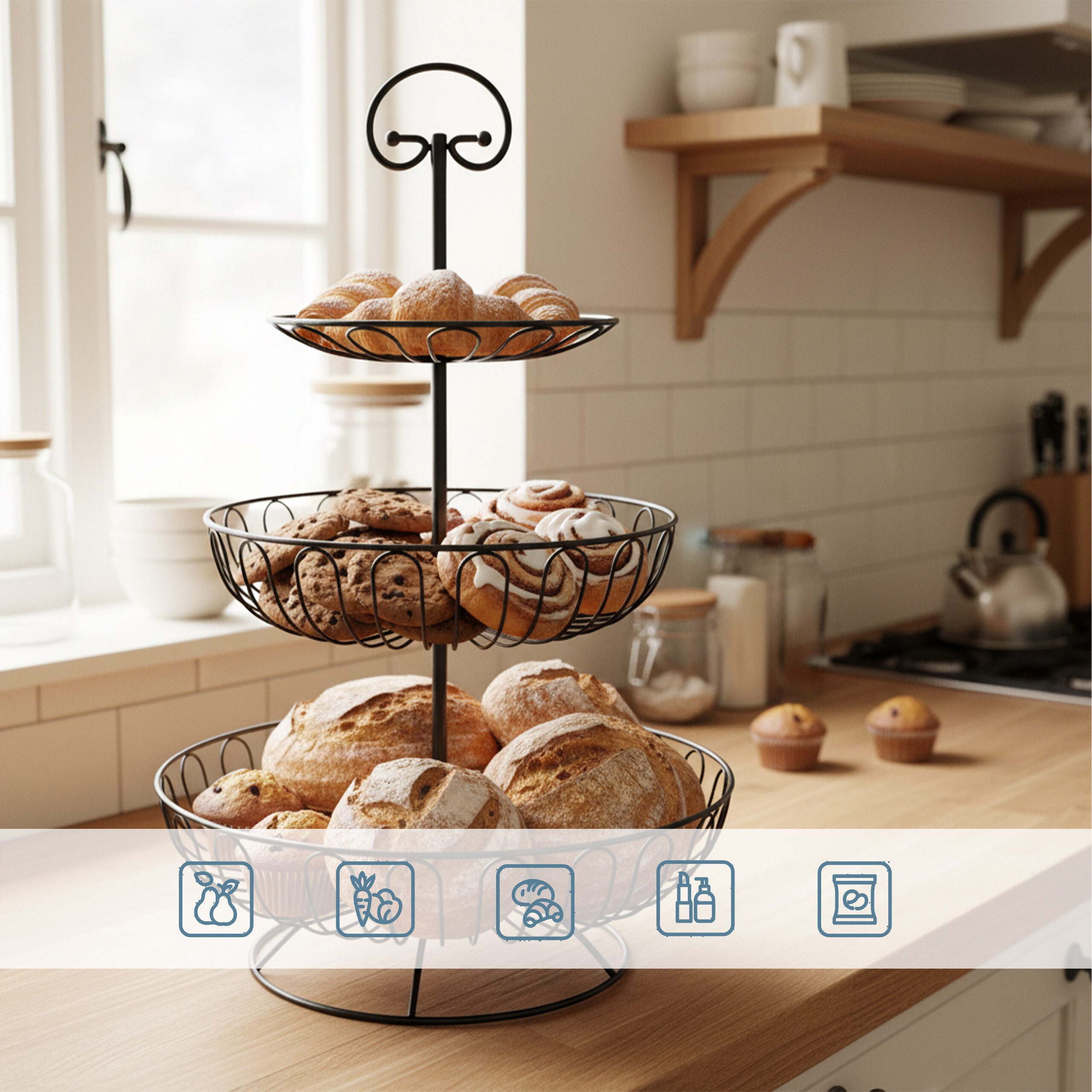 relaxdays Obstschale Obst Etagere 3 Etagen, Eisen, schwarz