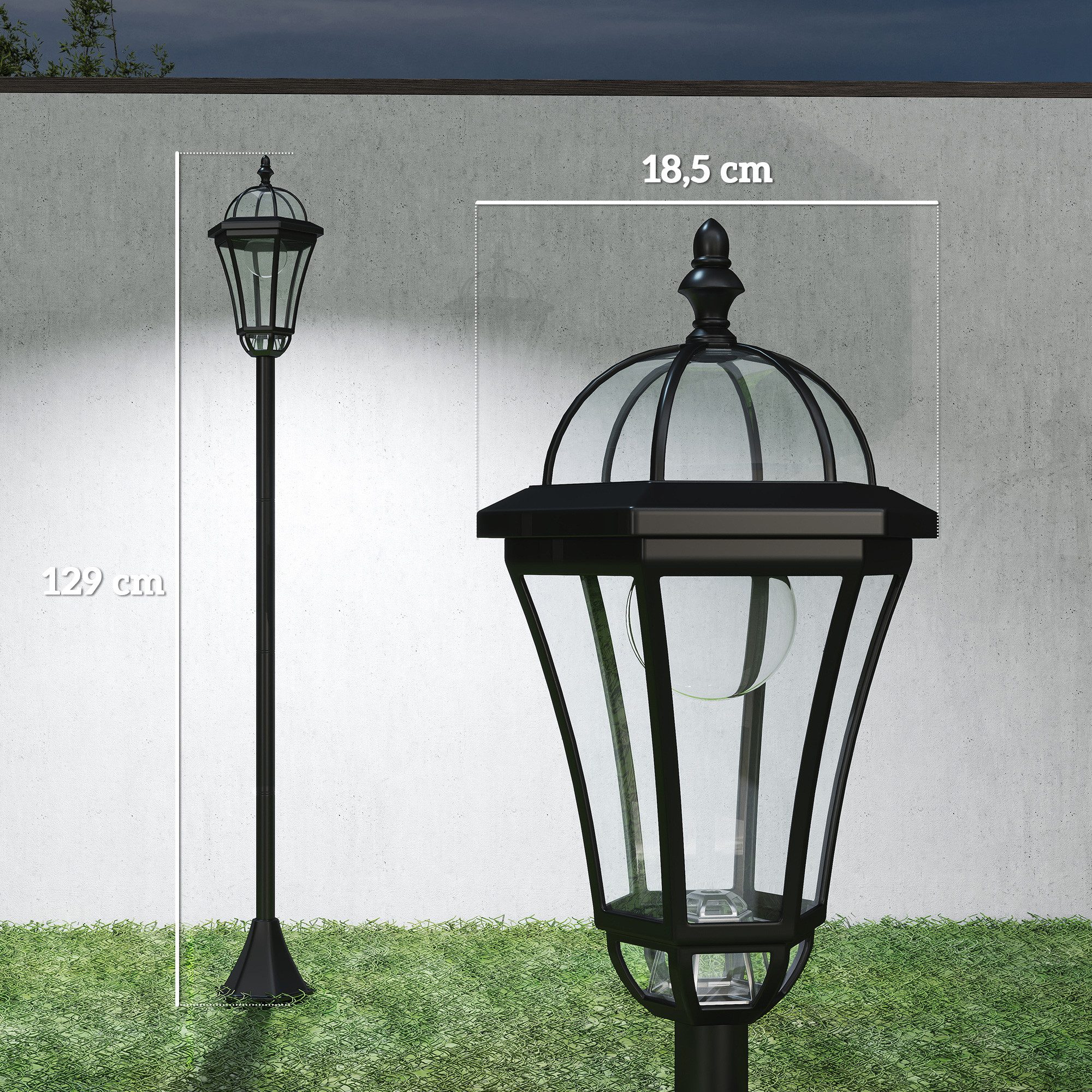 Outsunny Außen-Stehlampe Solar Gartenlaterne, 2er Set, 6 Stdn., ABS Schwarz, Solarbetrieb, wetterfest, LED, Weiß, Ø18.5 x H129 cm