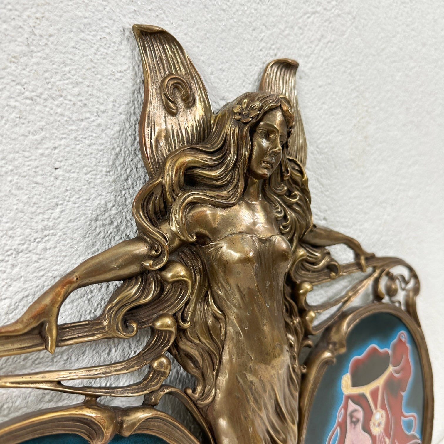 Aubaho Dekoobjekt Porzellan Messing Engel im Jugend-Stil Antik-Stil Skulptur Fee 47cm