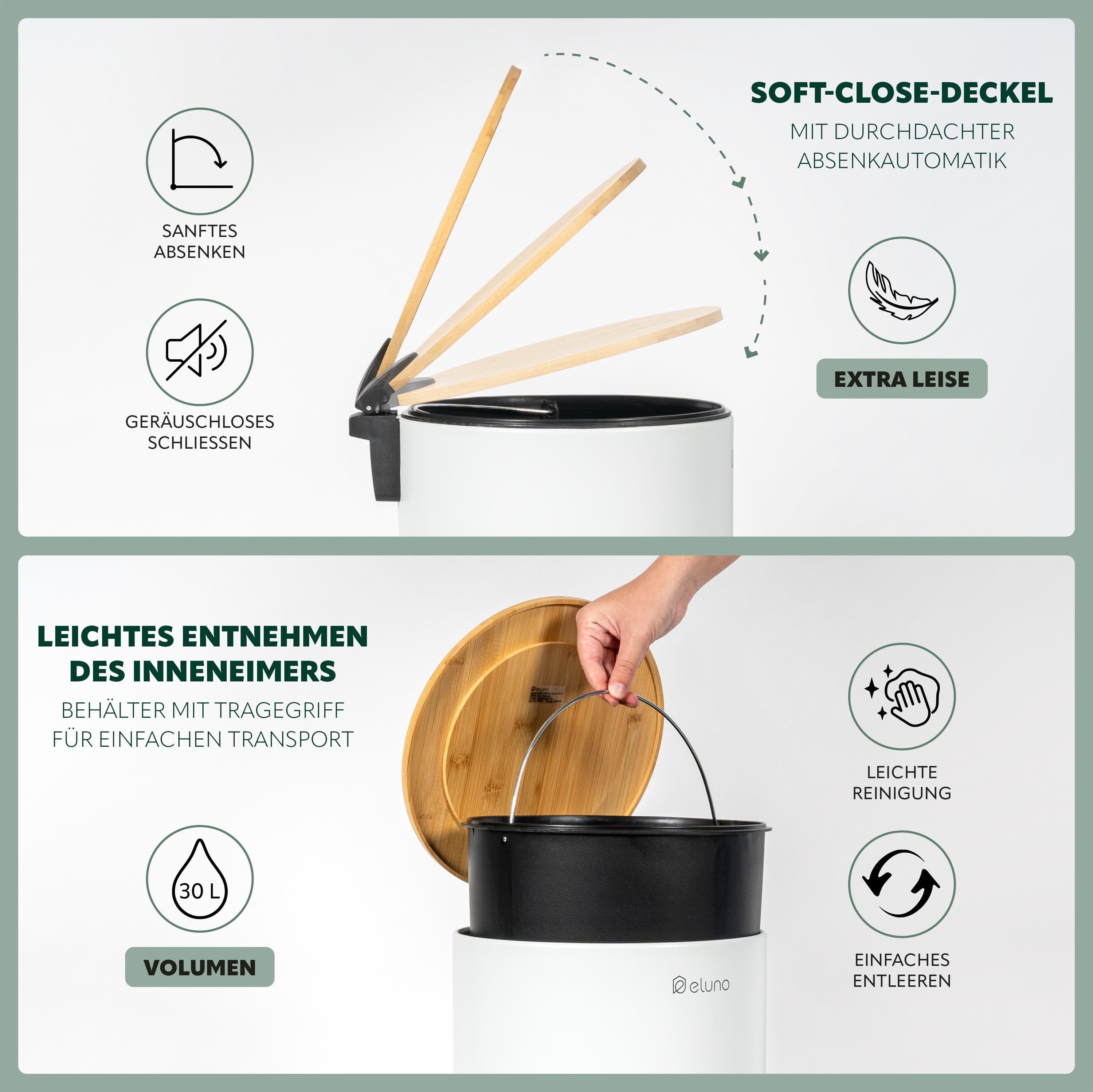 eluno Mülleimer Treteimer, 30 Liter aus Bambus und Metall