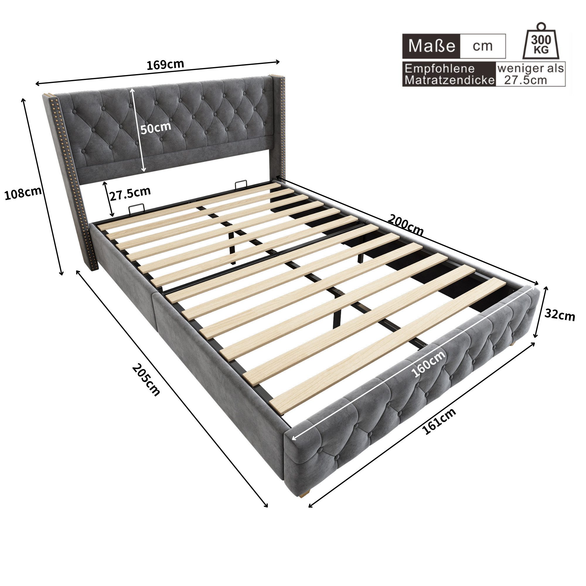 Flieks Polsterbett, Massivholz Doppelbett 160x200cm mit Lattenrost und Polster-Kopfteil
