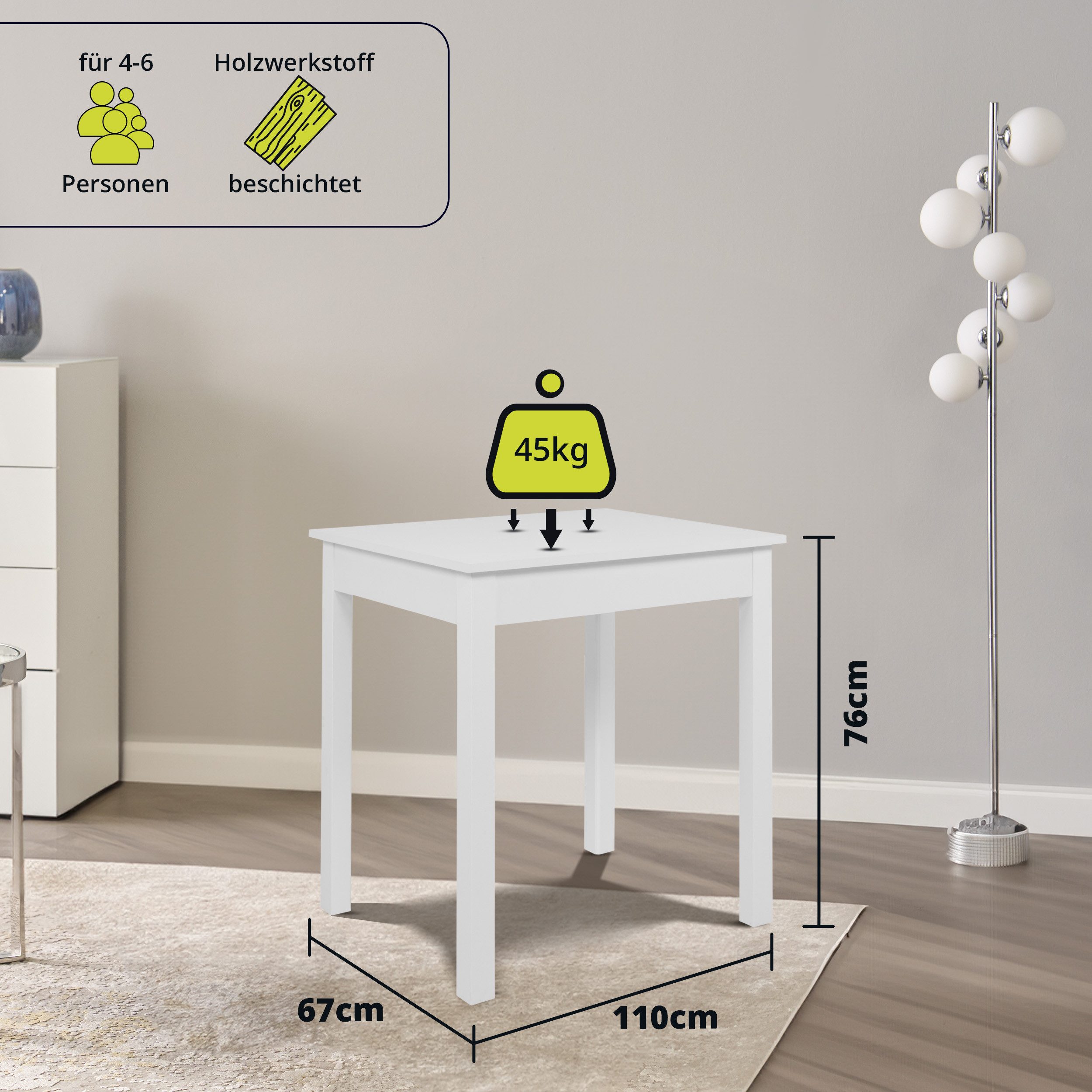 Smart Esstisch Rechteckig, Scandi Look, 67 x 110 cm, bis 45 kg belastbar, 4-Fußgestell, Weiß, für 4 bis 6 Personen