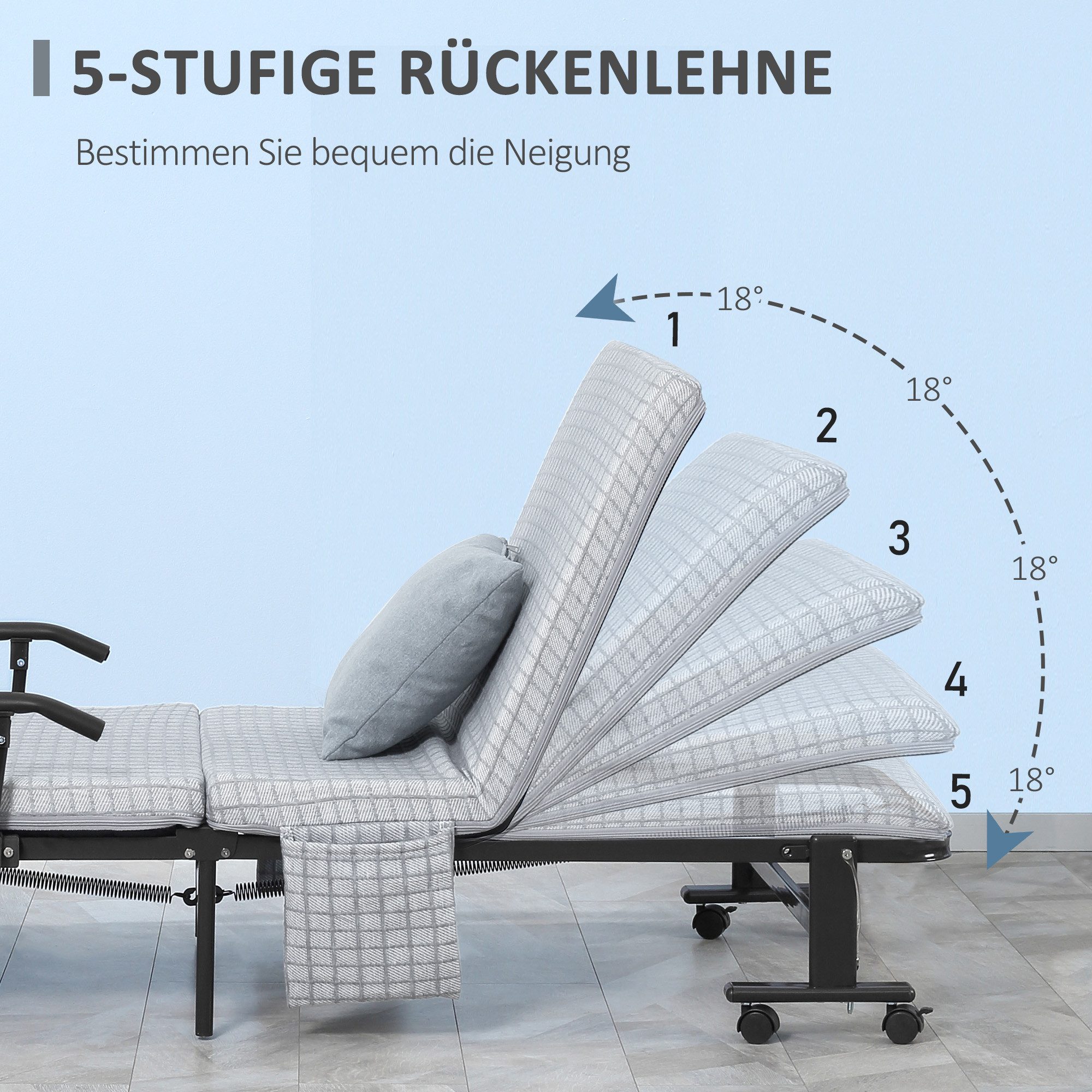 MODFU Gästebett 190x76x33 cm Klappbett in Hellgrau, Stahlrahmen, klappbar & rollbar (Packung, 1-St., 5-fach neigbare Rückenlehne – vielseitig als Liege & Gästebett nutzbar) Leichte & mobile Schlafmöglichkeit für Wohnung, Camping