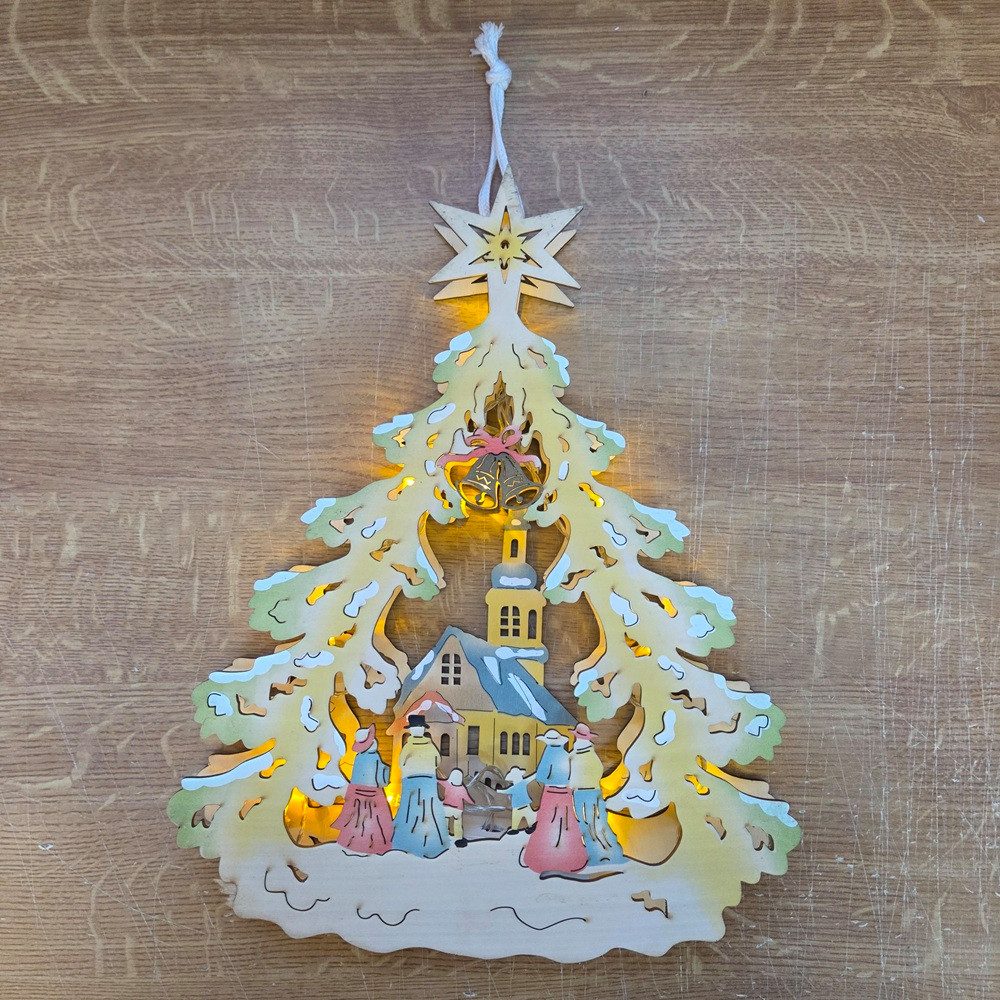 STAR LED Fensterbild 004-43 LED Holzhänger Weihnachtsbaum mit Kirche Batteriebetrieb 35x27