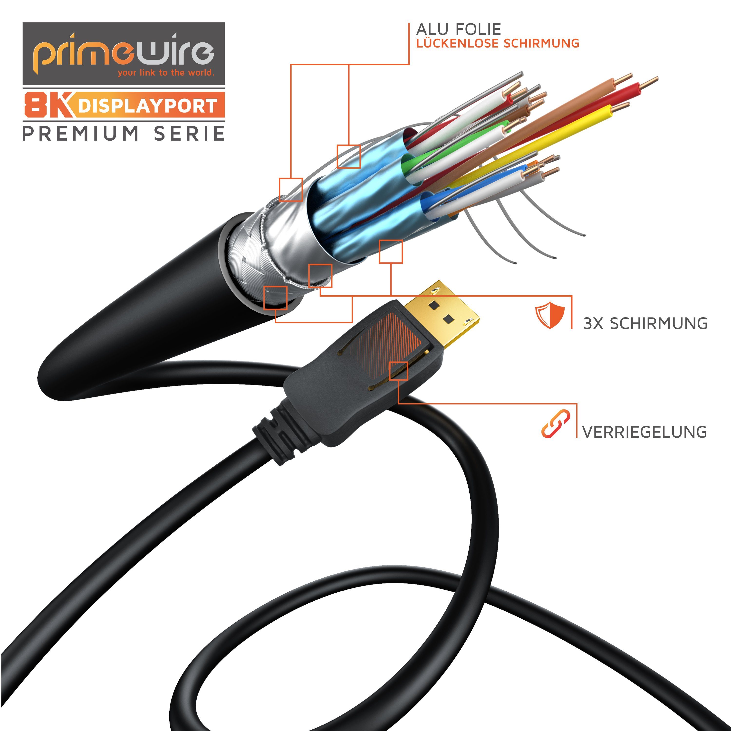 Primewire Audio- & Video-Kabel, DisplayPort, DP 2.0 (50 cm), Monitorkabel 8K 7680 x 4320 @ 60Hz, 4K 3840 x 2160 @ 120Hz, DSC, 0,5m