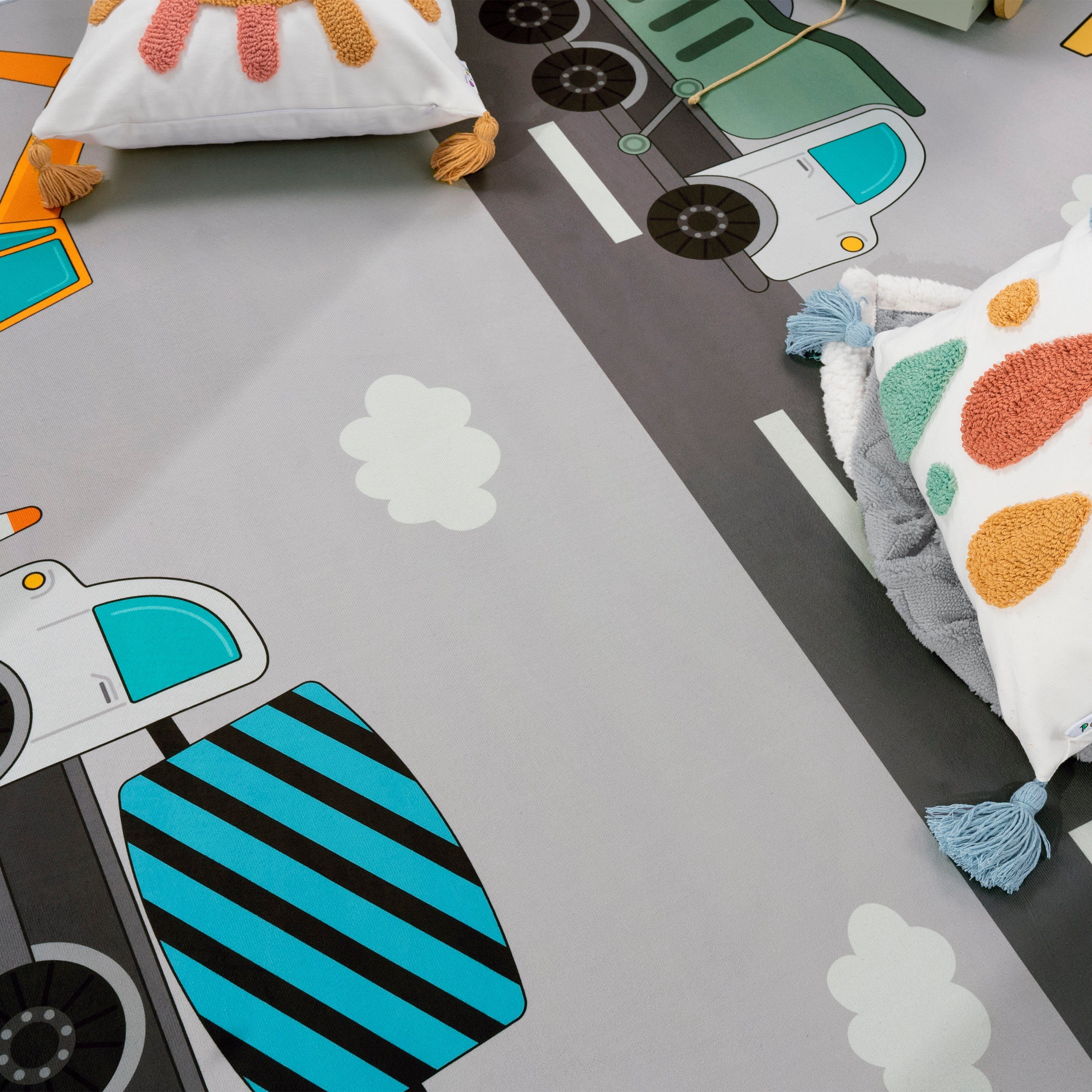 Paco Home Kinderteppich Bino 578, rund, Höhe: 4 mm, Spielteppich, Motiv Autos & Baustelle, Kinderzimmer