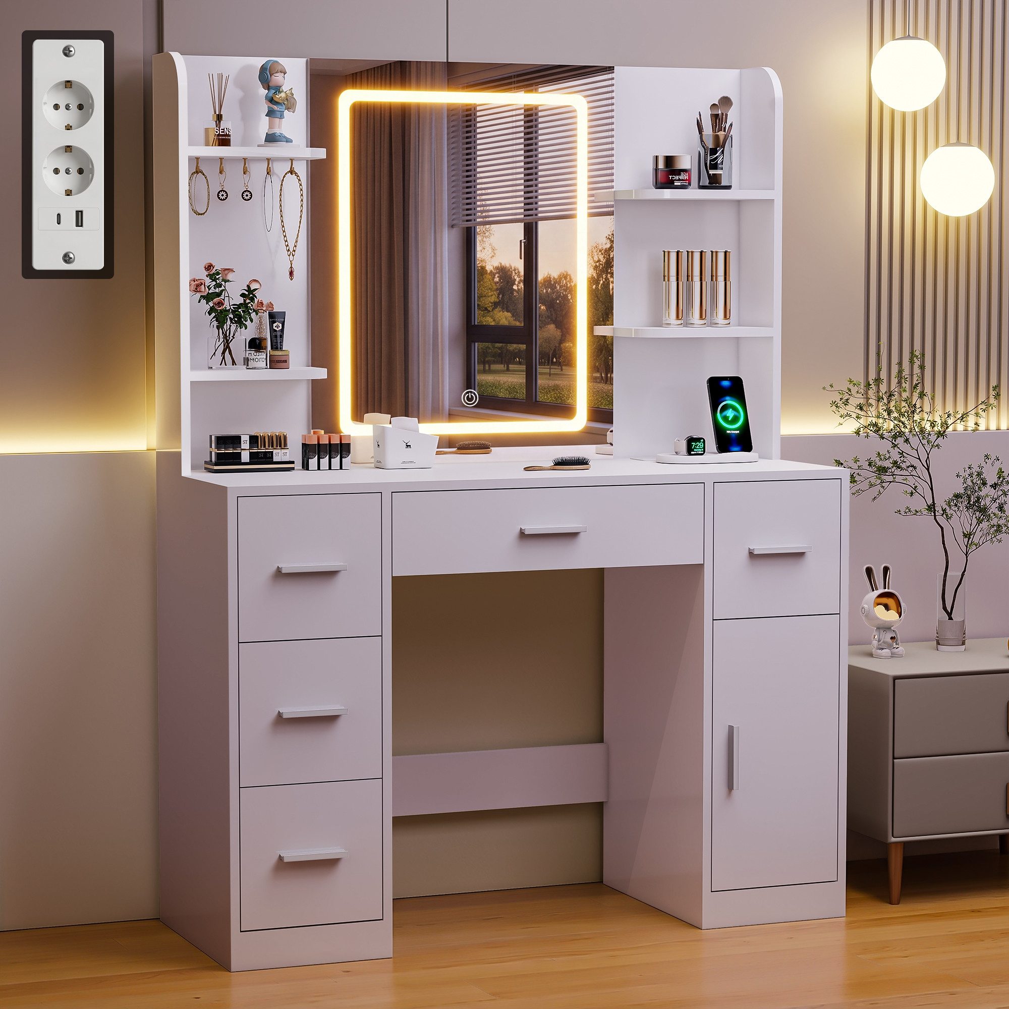 oyajia Schminktisch mit Spiegel und LED-Leuchten, Steckdosenleiste, Schubladen (integrierte Steckdose & USB+type C, modern für Schlafzimmer, GroBe 107*40*140cm) – Bild 2 von 5