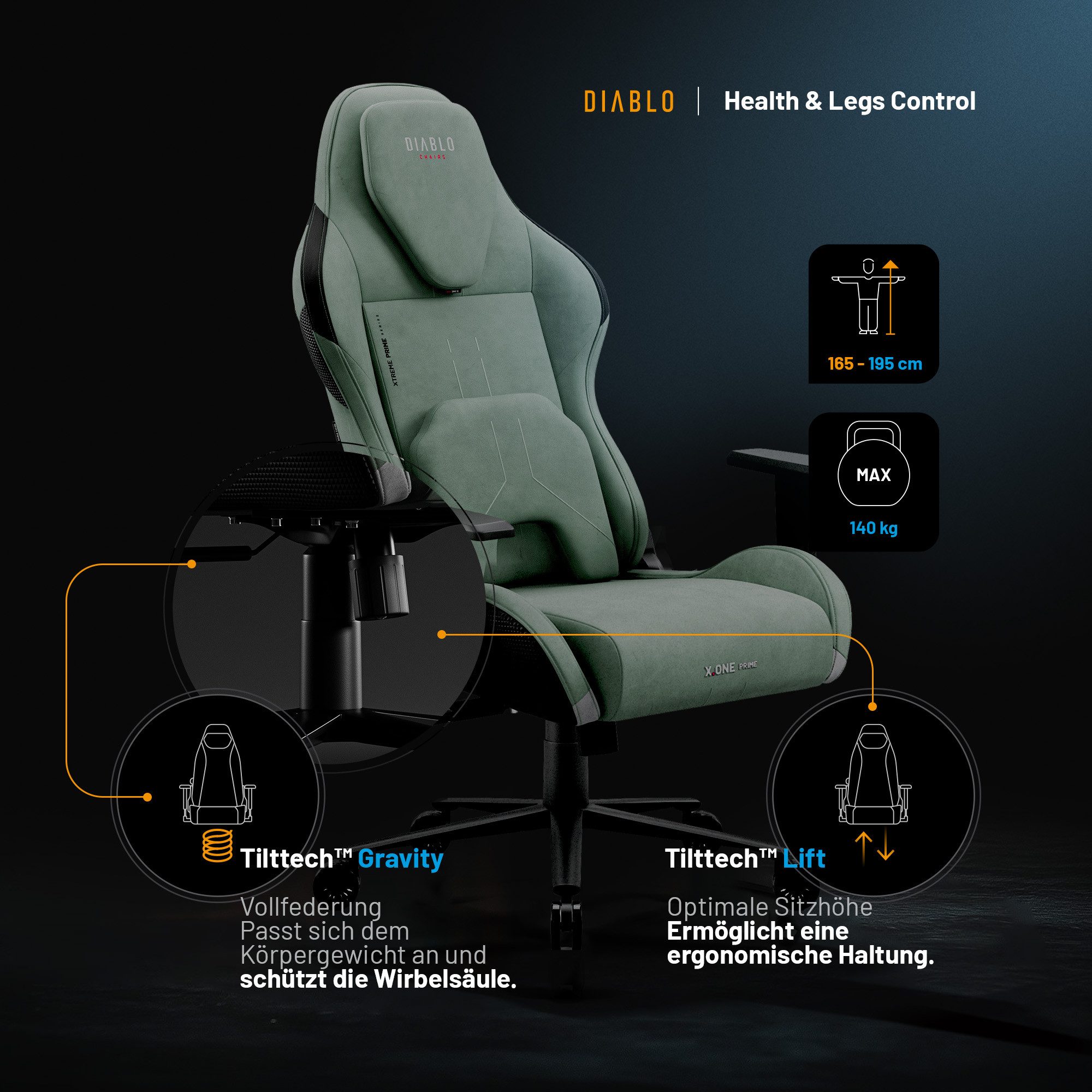 DIABLO CHAIRS Gaming-Stuhl X.One Prime Stoff ergonomisch Metallbasis 140kg CoolComfort (Magnetische Kopfstütze, Höhenverstellbare Armlehnen, Kühlender Sitz), Ko – Bild 3 von 5