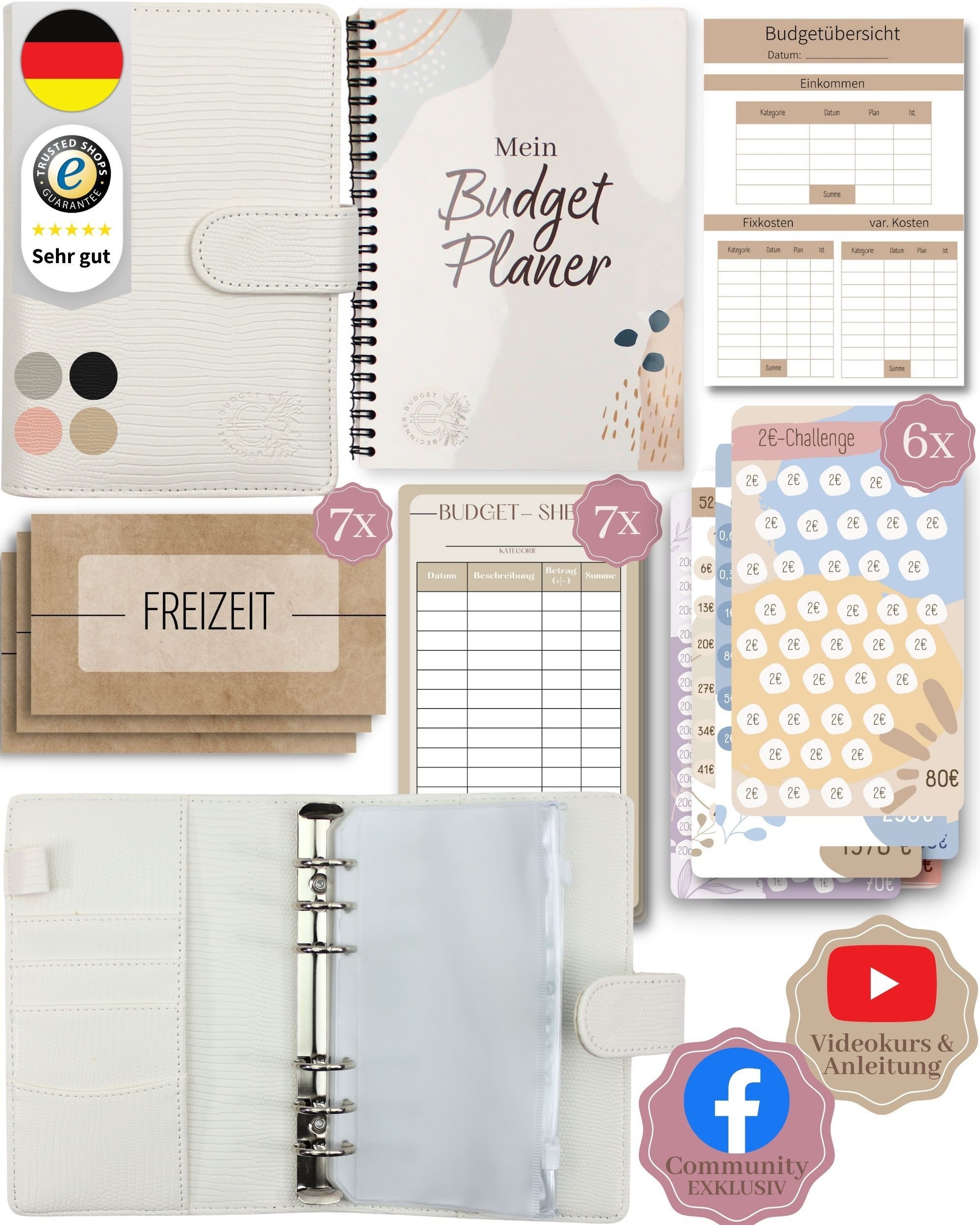 BeginnerBudget Ringbuchkalender Budget Planner & Haushaltsbuch Starter-Set: Sparbuch & Spar-Challenges, Sparen mit Umschlagmethode + Anleitung - Ringbuch - Binder A6