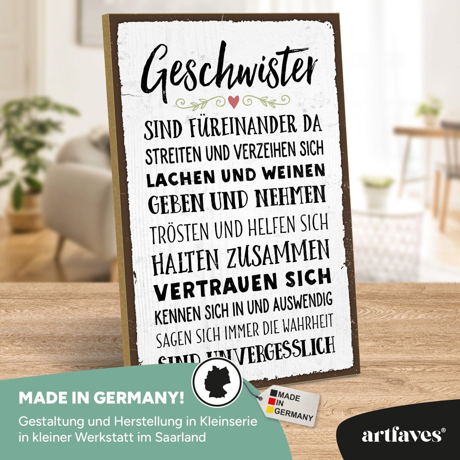 ARTFAVES Holzbild Schild mit Spruch - GESCHWISTER SIND FÜREINANDER DA - Familie, Zuhause